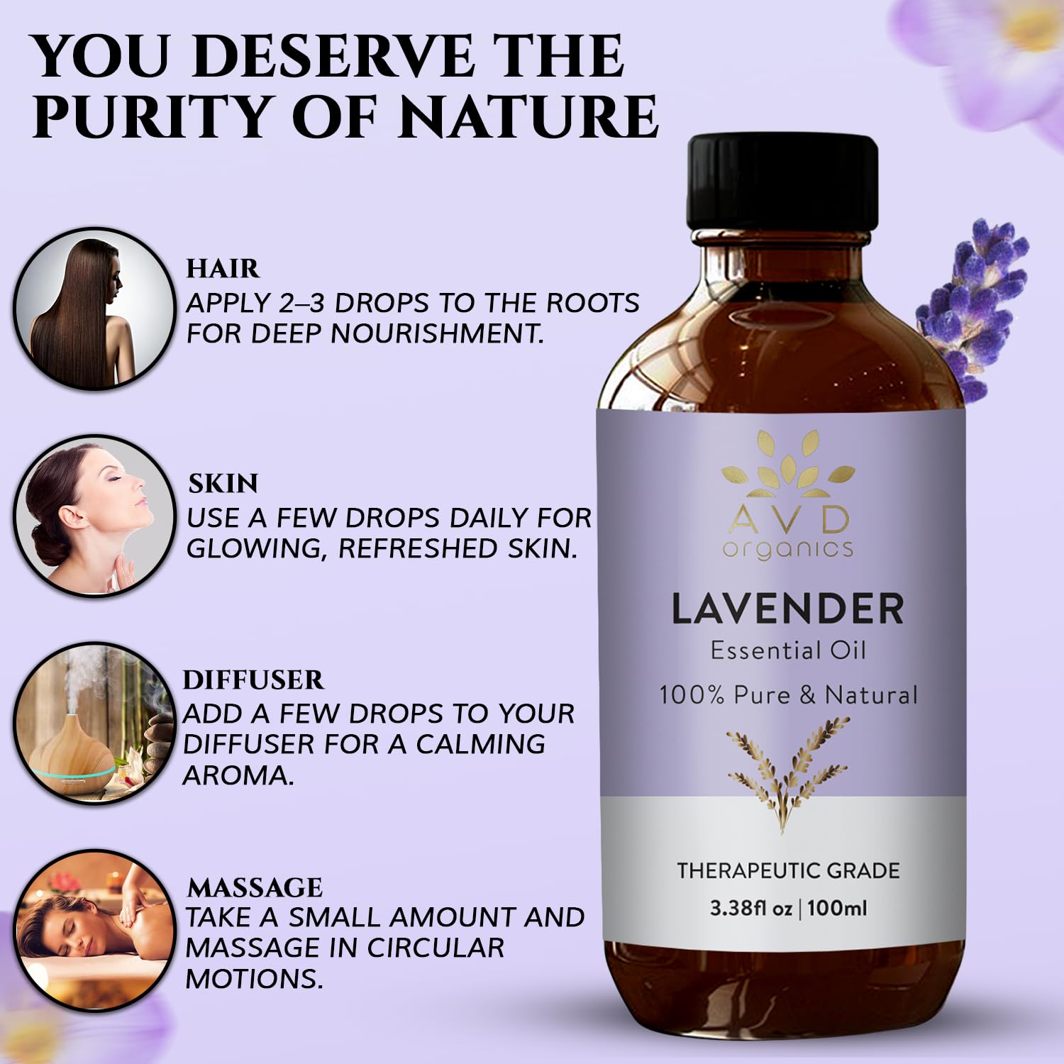AVD Organics Lavender Essential Oils 100ml | 100% Pure & Natural Lavender Oil Skin | Massage, Aromatherapy, Diffuser, Laundry & Meditation | 3.38 fl. oz 🍁 All In One Marketplace Canada
