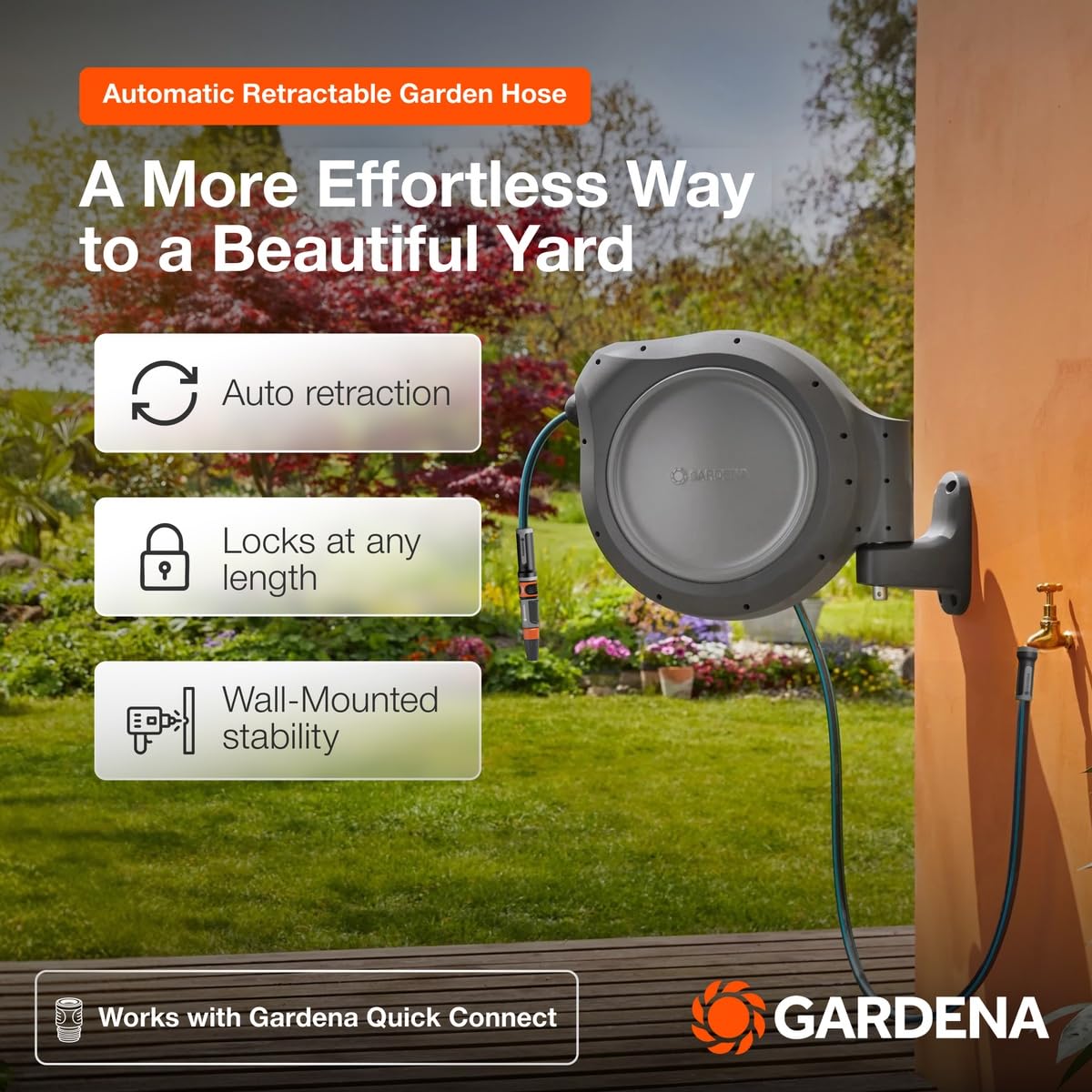 GARDENA 20502-80, Retractable Garden Hose Reel 75' x 1/2
