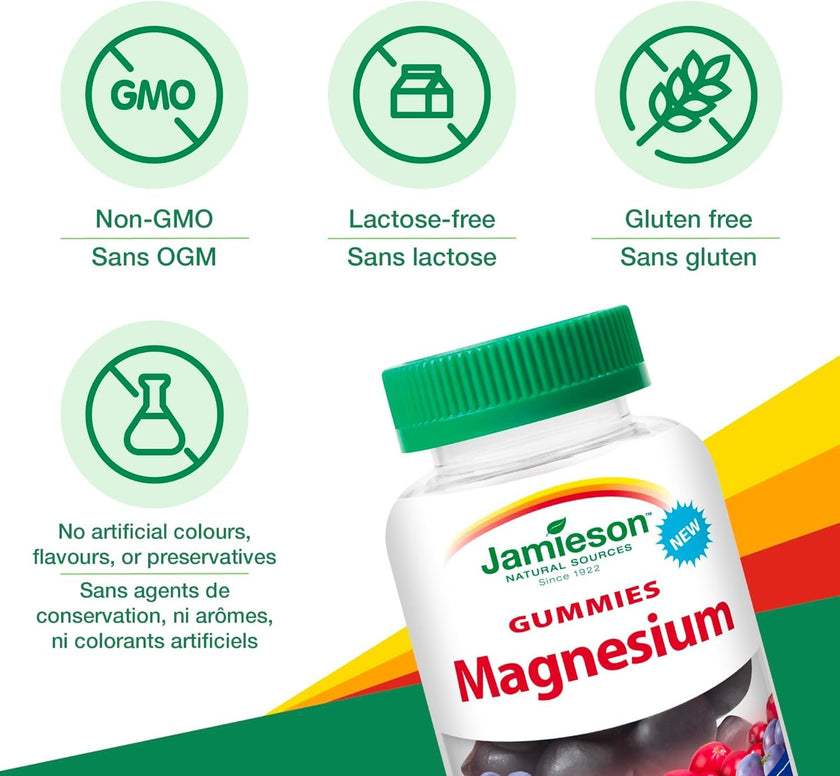 Jamieson 100% Pure Magnesium Bisglycinate 20 mg Gummies Cranberry Grape Flavour, Not Blended, Magnesium Oxide Free, Supports Bone Development and Muscle Function, Source of Electrolytes, No Artificial Colours, Flavours, or Preservatives, 60 Count