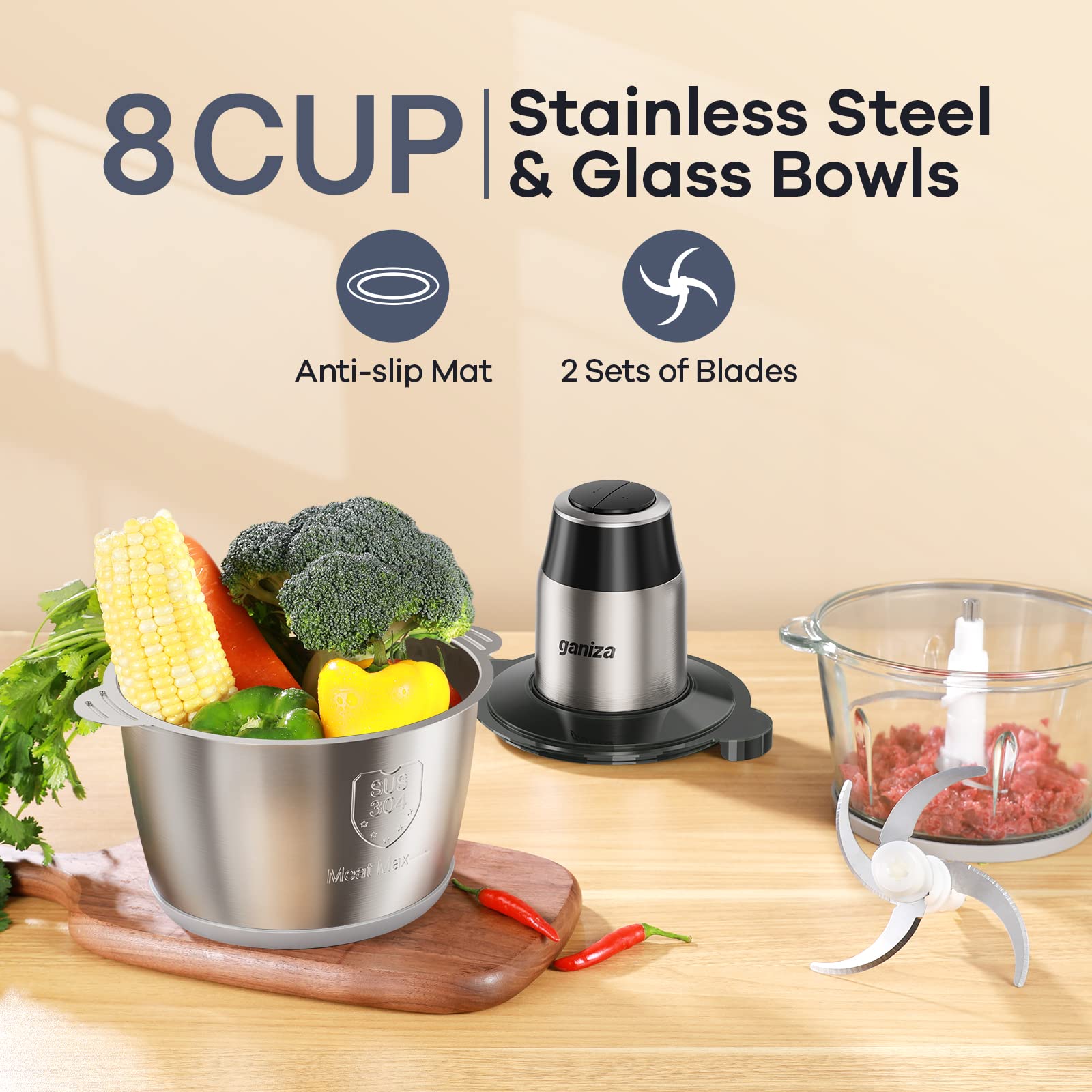 GANIZA Food Processors, Electric Food Chopper with Meat Grinder & Vegetable Chopper - 2 Bowls (8 Cup+8 Cup) with Powerful 450W Copper Motor - Includes 2 Sets of Bi-Level Blades for Fruits/Meat/Nuts 🍁 All In One Marketplace Canada