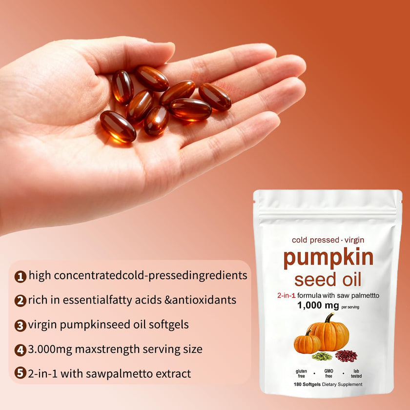 KITABIO Pumpkin Seed Oil Capsules | Pumpkin Seed Oil with Saw Palmetto - Cold-Pressed | Easy-to-Swallow Softgels – Resealable Package | Non-GMO - 180 Pc/1 Bag (Z-1) 🍁 All In One Marketplace Canada