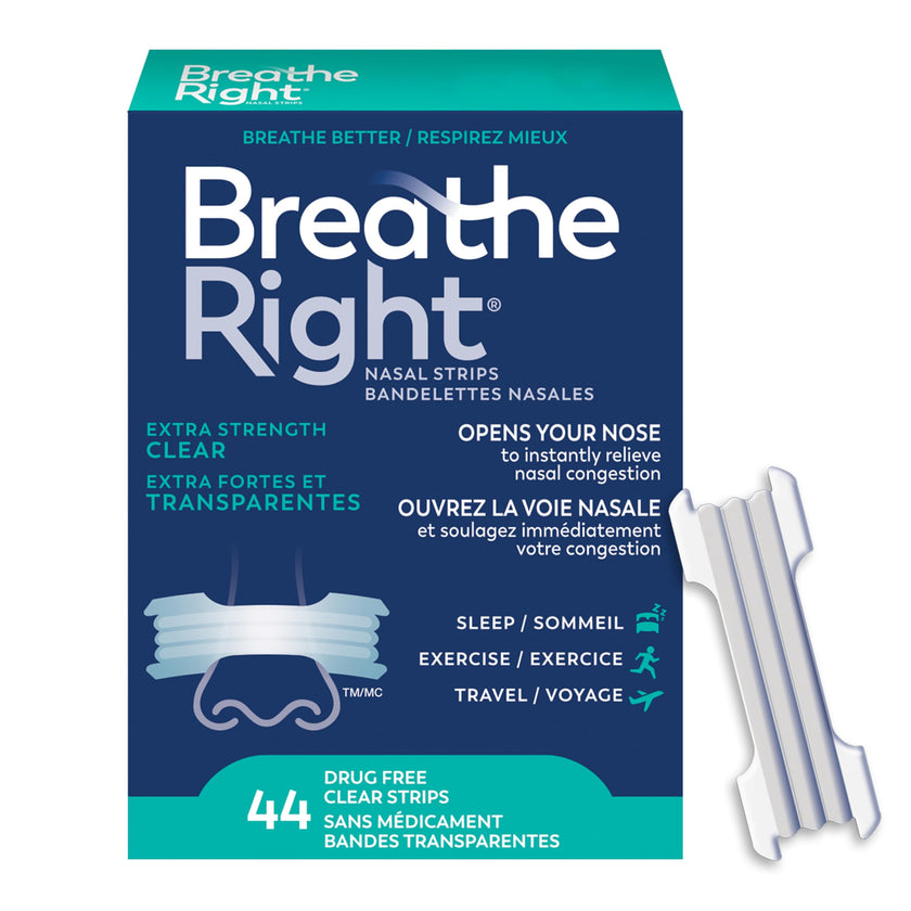 Breathe Right Nasal Strips, Extra Strength, Clear, Sensitive Skin, Drug-Free Snoring Solution & Nasal Congestion Relief Caused by Colds & Allergies, Nightly Sleep, 44 Count 🍁 All In One Marketplace Canada
