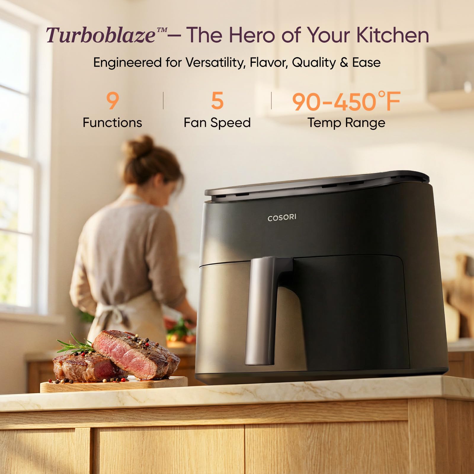 Cosori Air Fryer 6QT 9-in-1 TurboBlaze, 90°– 450°F, Precise Heating for Even Results, Air Fry, Roast, Bake, Broil, Dry, Frozen, Proof, Reheat, Keep Warm, 130+ Recipes, Dishwasher Safe, Dark Gray 🍁 All In One Marketplace Canada