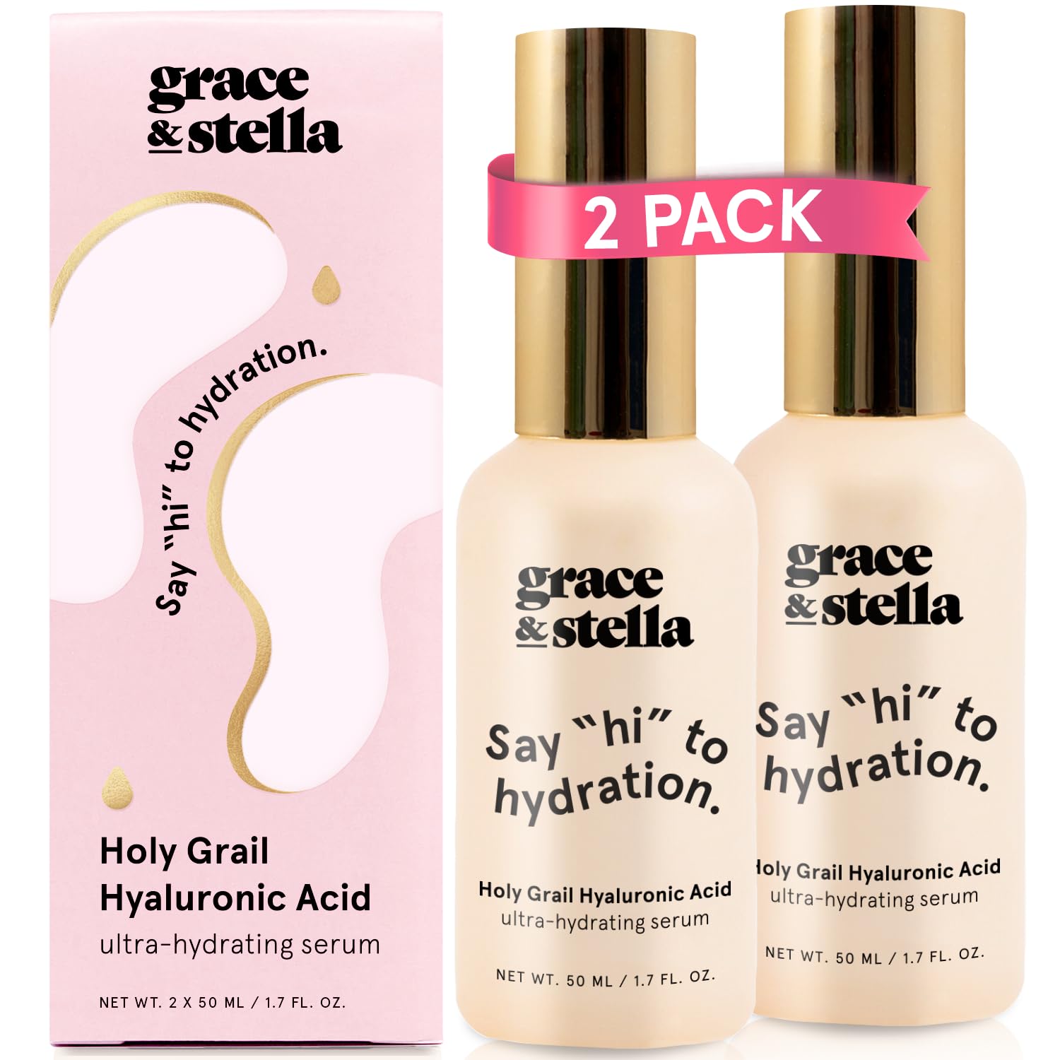 grace & stella Award Winning Hyaluronic Acid Serum for Face (50ml, 2-pack) Hydrating Hyaluronic Acid - Acide Hyaluronique Face - Glass Skin - Anti Aging Serum to Hydrate, Remove Fine Lines, Wrinkles, Skin Texture 🍁 All In One Marketplace Canada