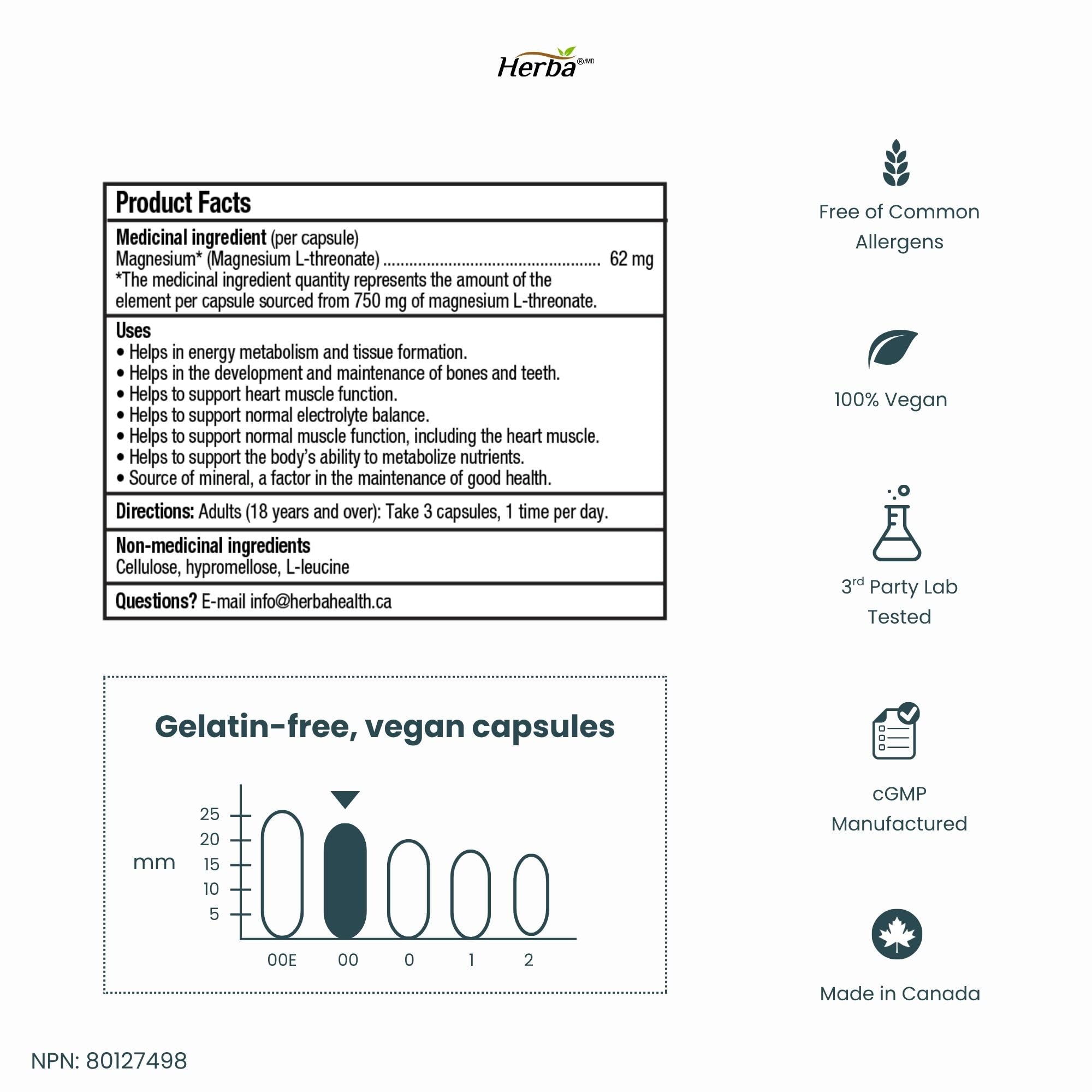 Herba Magnesium L-Threonate – 2,250mg of Magnesium L Threonate Per Serving (3 Capsules) - 186mg of Elemental Magnesium | Bioavailable Form of Magnesium Supplement | 90 Vegetable Capsules | Made in Canada 🍁 All In One Marketplace Canada
