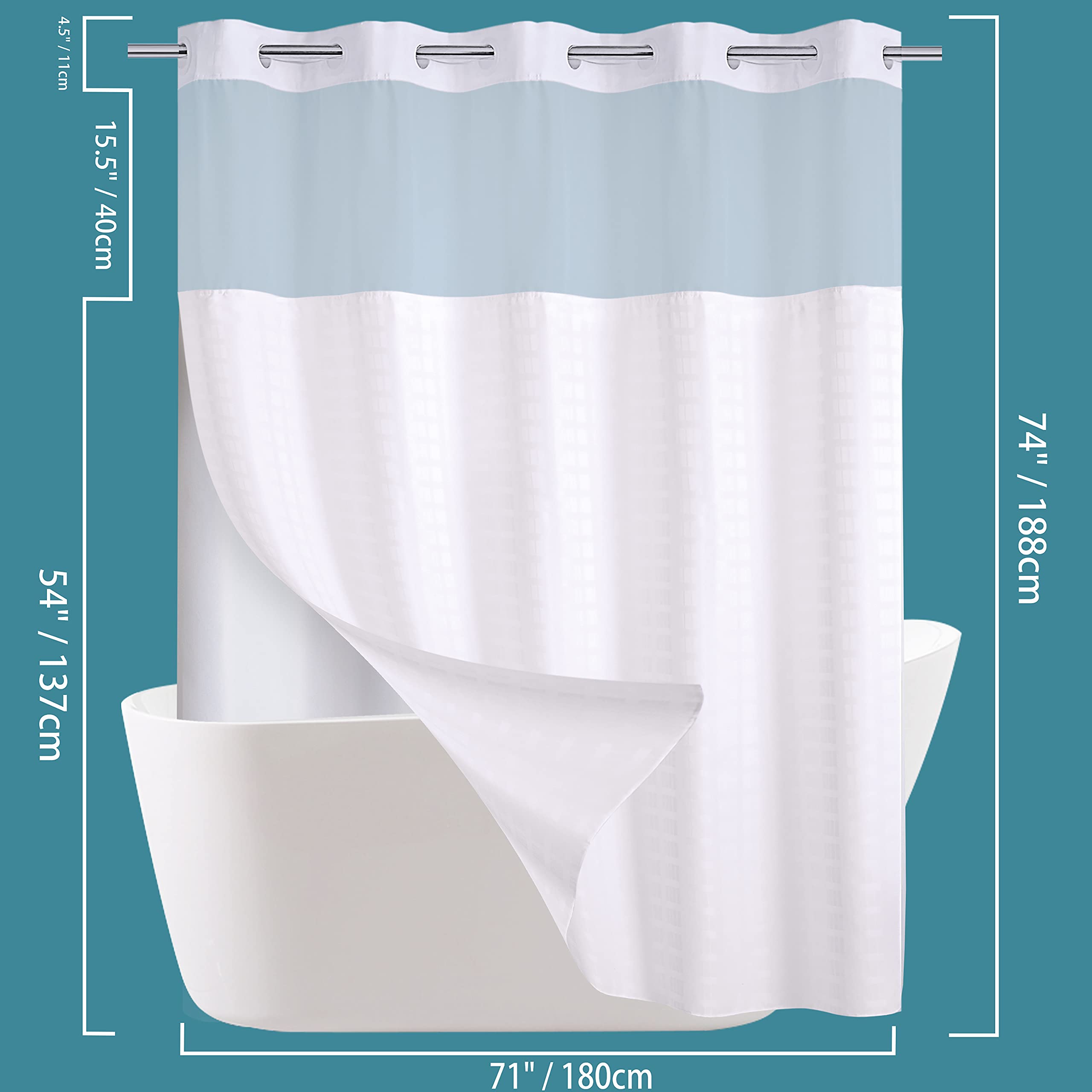 Conbo Mio Hotel Style Fabric Shower Curtain with Snap in Liner for Bathroom Machine Washable Waterproof Repellent Shower Curtain (Check-White, 71
