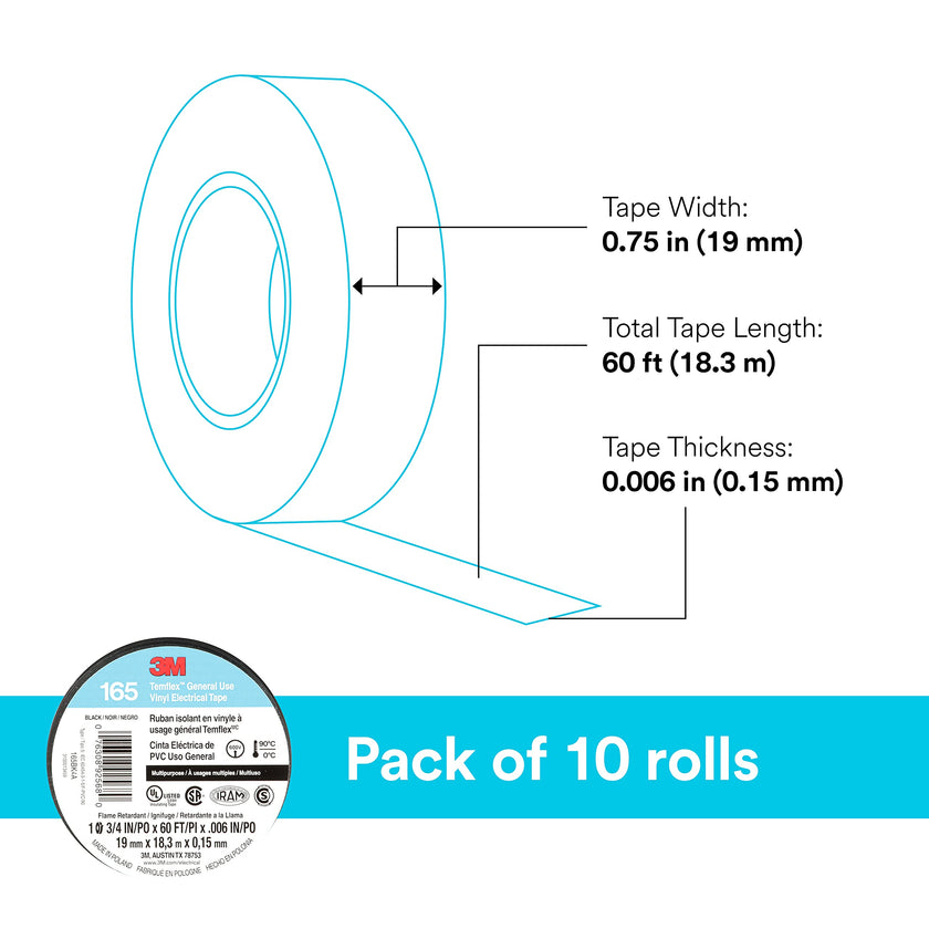 3M Temflex 165, Vinyl Colour Coding Electrical Tape, Black, 3/4in x 60ft, 10 Rolls 🍁 All In One Marketplace Canada