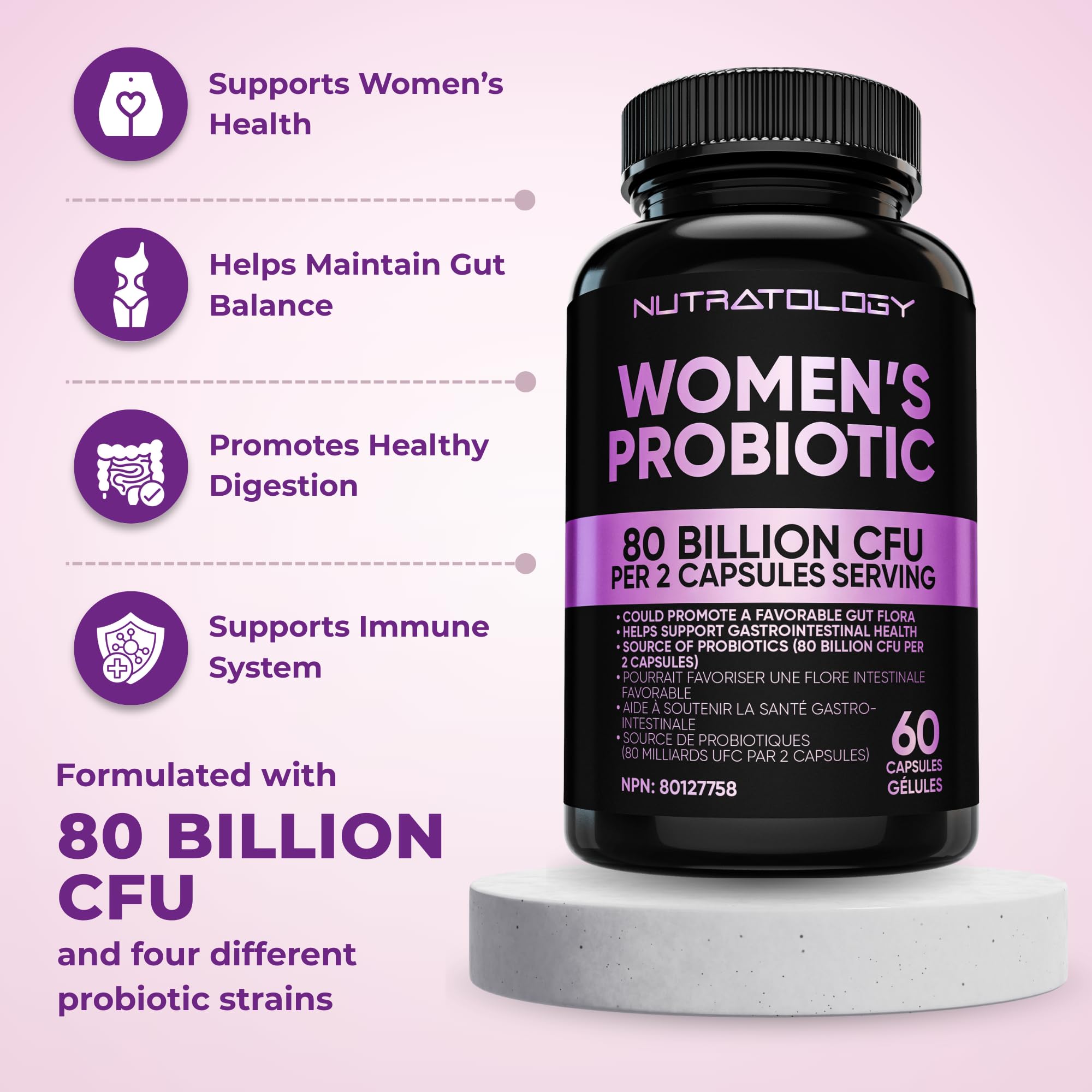 Nutratology® Probiotics for Women | Canadian-Made | 40 Billion CFUs per Capsule | Bloating Relief & Digestion | 4 Strains of Women's Probiotic for Gut Health | 60 Capsules 🍁 All In One Marketplace Canada