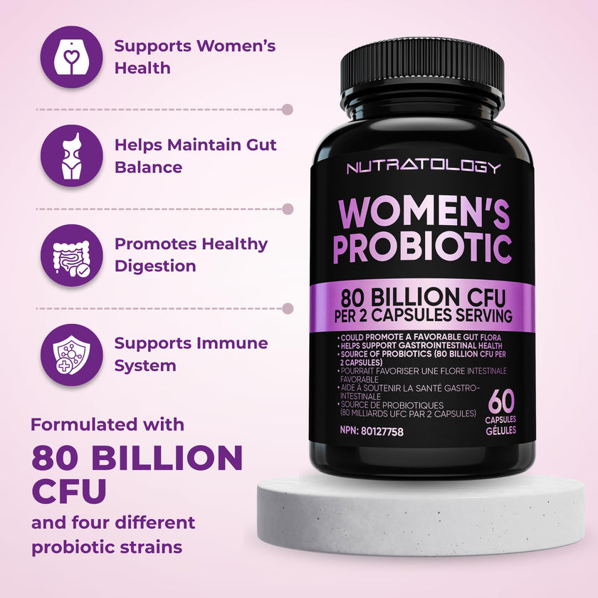 Nutratology® Probiotics for Women | Canadian-Made | 40 Billion CFUs per Capsule | Bloating Relief & Digestion | 4 Strains of Women's Probiotic for Gut Health | 60 Capsules 🍁 All In One Marketplace Canada