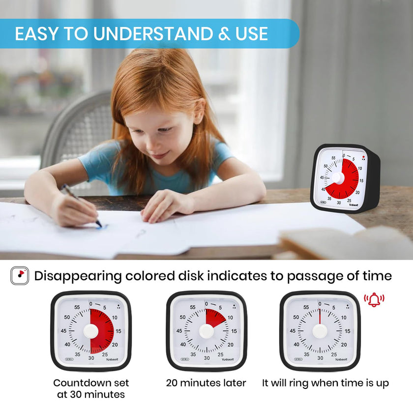 Visual Timer with Protective Case, Yunbaoit Upgraded 60-Minute Countdown Timer for Kids and Adults with Low Battery Remind, Silent Time Management Tool, No Ticking Optional Alert(Black) 🍁 All In One Marketplace Canada