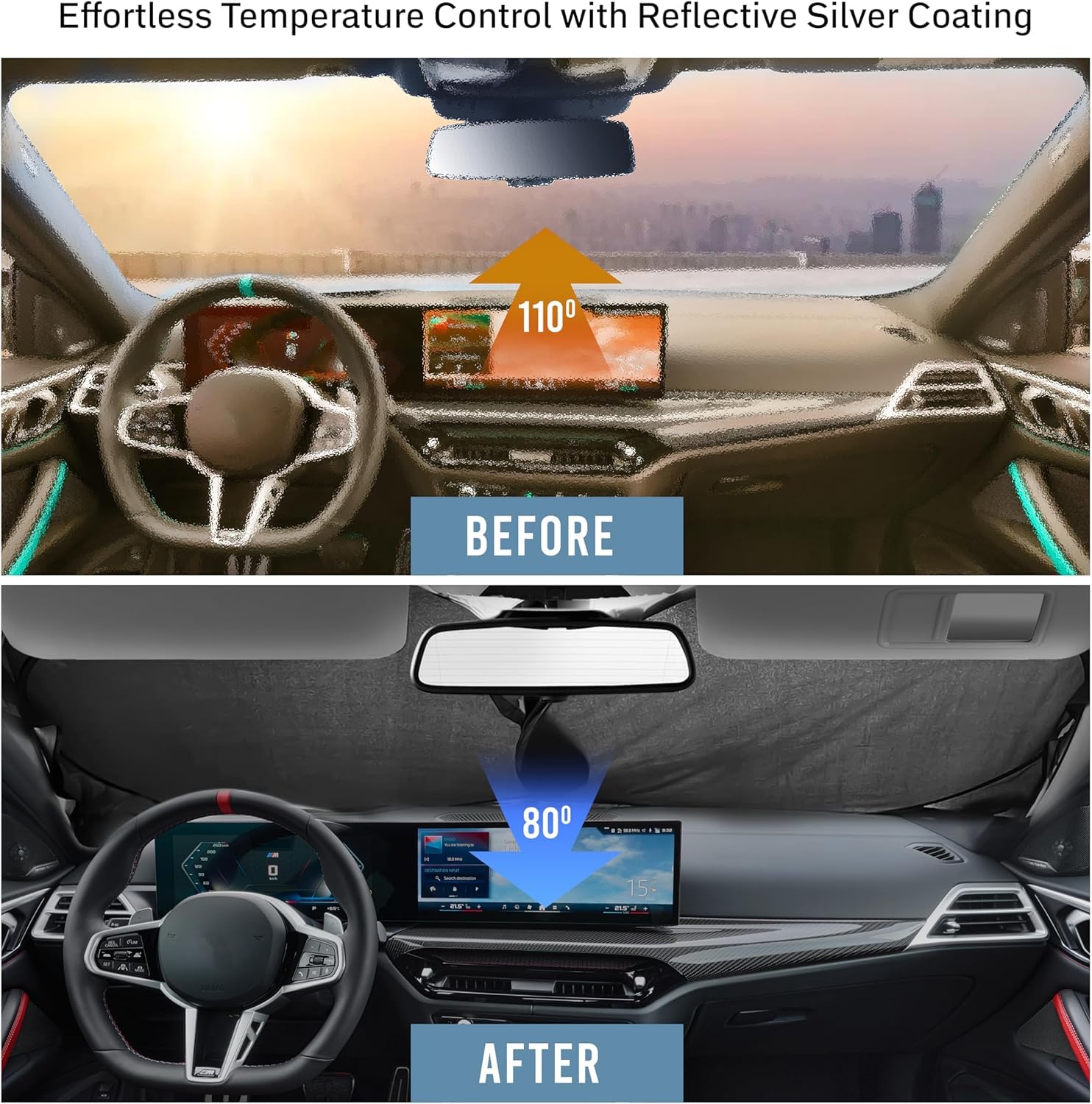 Autovir Car Windshield Sun Shade – 280T Thickened Reflective UV & Heat Shield with Storage Bag, Keeps Interior Cool, Universal Fit for Sedans, SUVs & Trucks – Medium (64