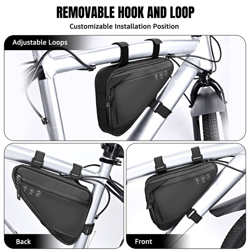 WOTOW Bike Frame Storage Bag, Water Resistant Cycling Reflective Triangle Handlebar Top Tube Bag Under Seat Pouch Strap-On Adjustable Install Position Tool Accessories Pack for Mountain Road Bike 🍁 All In One Marketplace Canada
