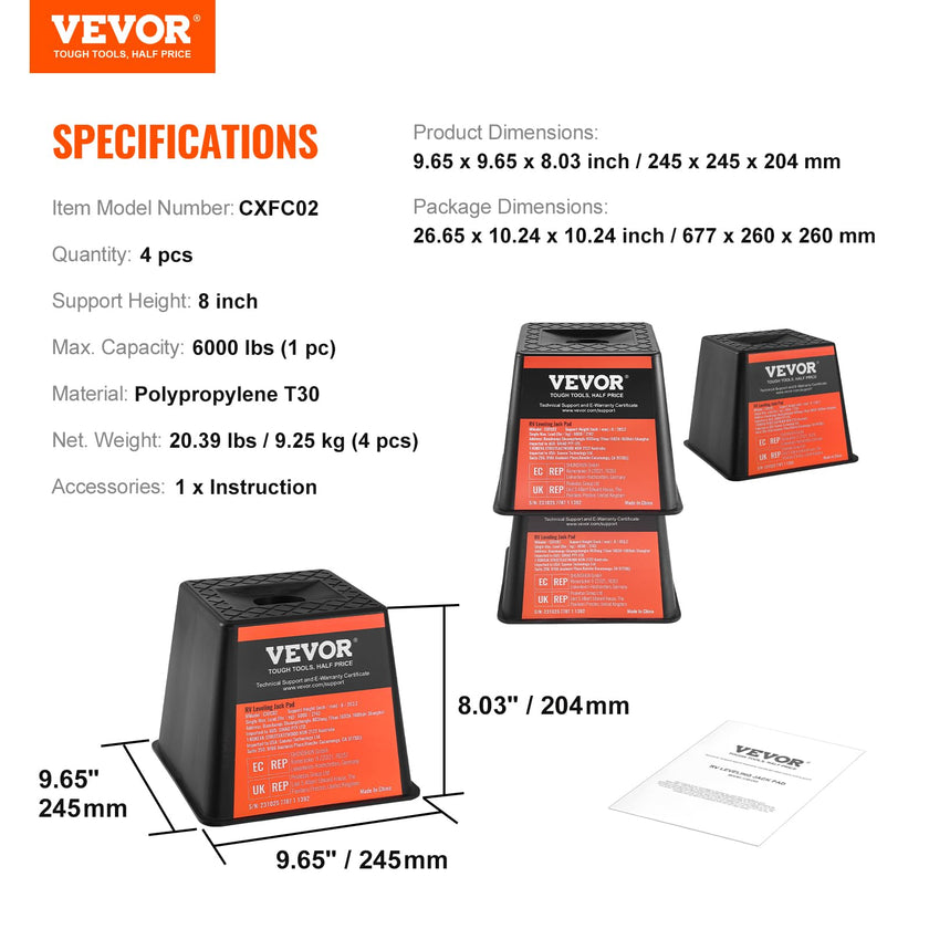 VEVOR Trailer Jack Block, 6000 lbs Capacity per RV Leveling Block, Polypropylene RV Camper Stabilizer Blocks, RV Travel Accessories Use for Any Tongue Jack, Post, Foot, 5th Wheels, 4-Pack 🍁 All In One Marketplace Canada