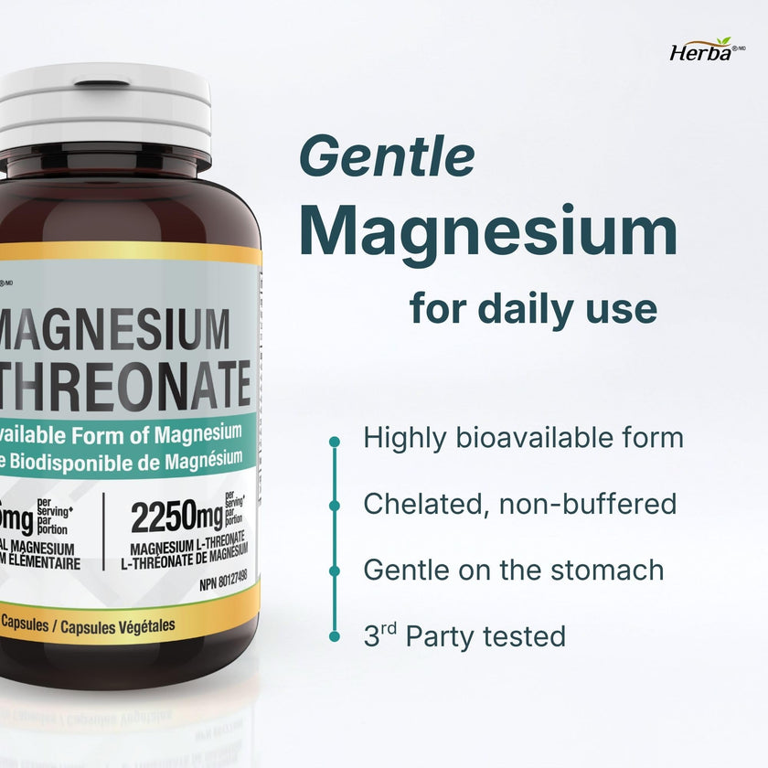 Herba Magnesium L-Threonate – 2,250mg of Magnesium L Threonate Per Serving (3 Capsules) - 186mg of Elemental Magnesium | Bioavailable Form of Magnesium Supplement | 90 Vegetable Capsules | Made in Canada 🍁 All In One Marketplace Canada