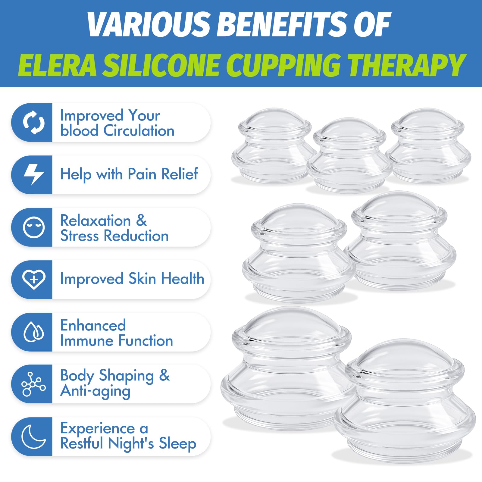 ELERA Silicone Cupping Therapy Set (3 Sizes, 7 Cups), Reusable Massage Cups for Deep Tissue, Cellulite, Face, Neck, Back, Joint, Body Relaxation 🍁 All In One Marketplace Canada