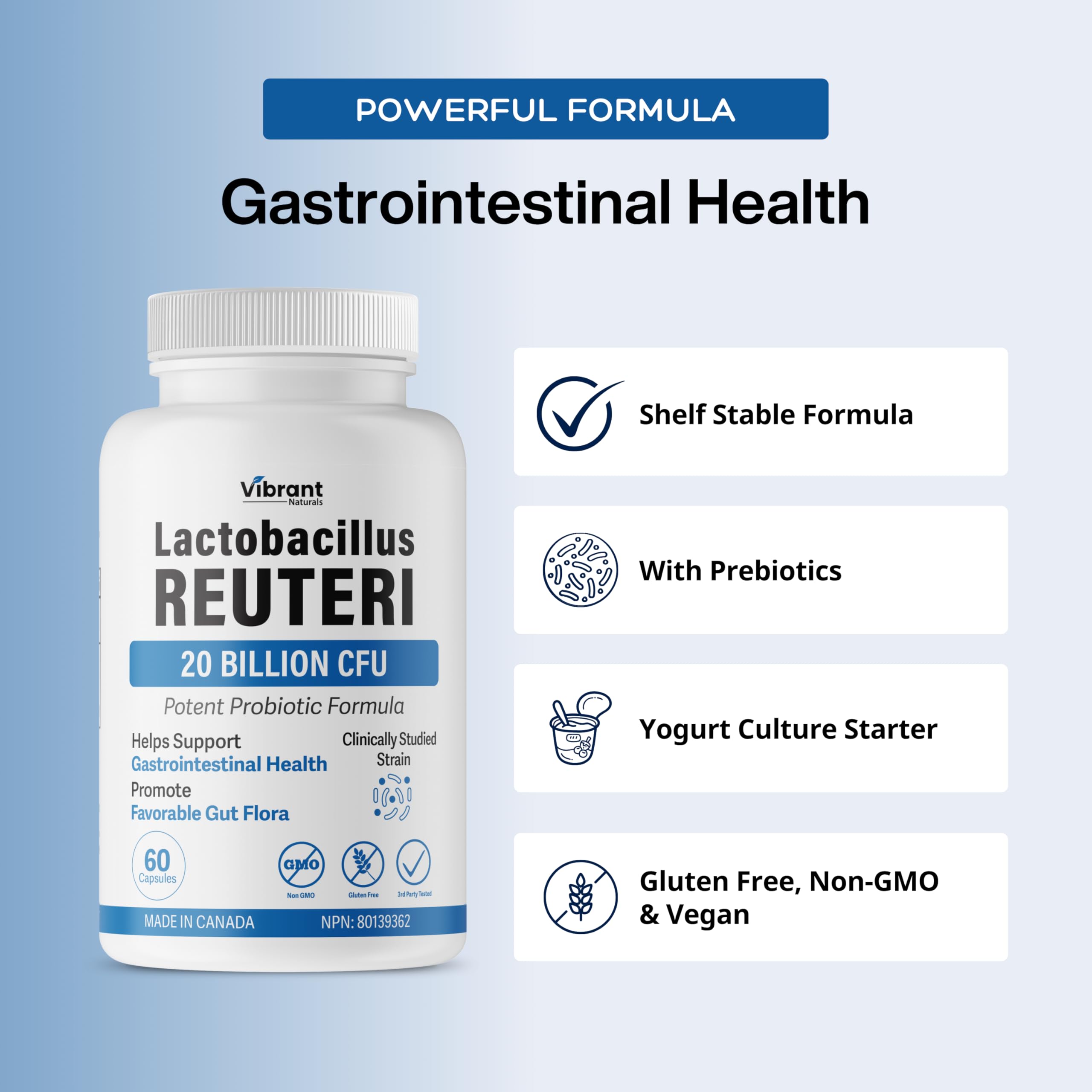 Lactobacillus Reuteri Probiotic 20 Billion CFU - L Reuteri Probiotic - Highest CFU Count, Gut Health, Yogurt Starter Culture, Probiotic With Prebiotic FOS, Made In Canada, 60 Capsules 🍁 All In One Marketplace Canada