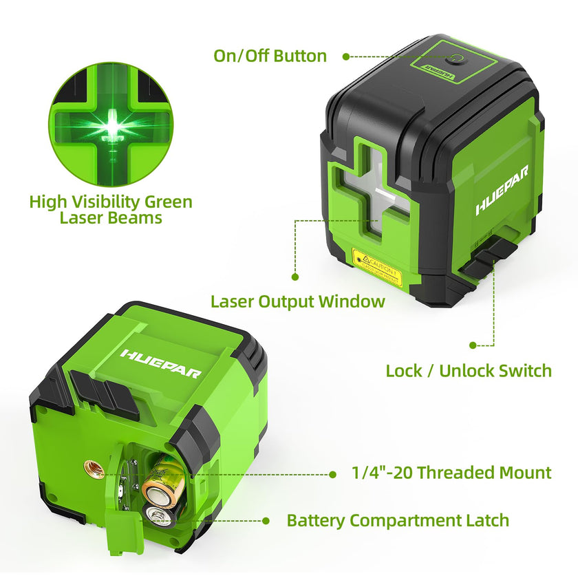 Huepar Self Leveling Laser Level with Tripod, 98Ft Green Cross Line Laser Leveler Tool for Picture Hanging, Tile, Home Renovation, Indoor Project, Battery Included, 40in Tripod 🍁 All In One Marketplace Canada