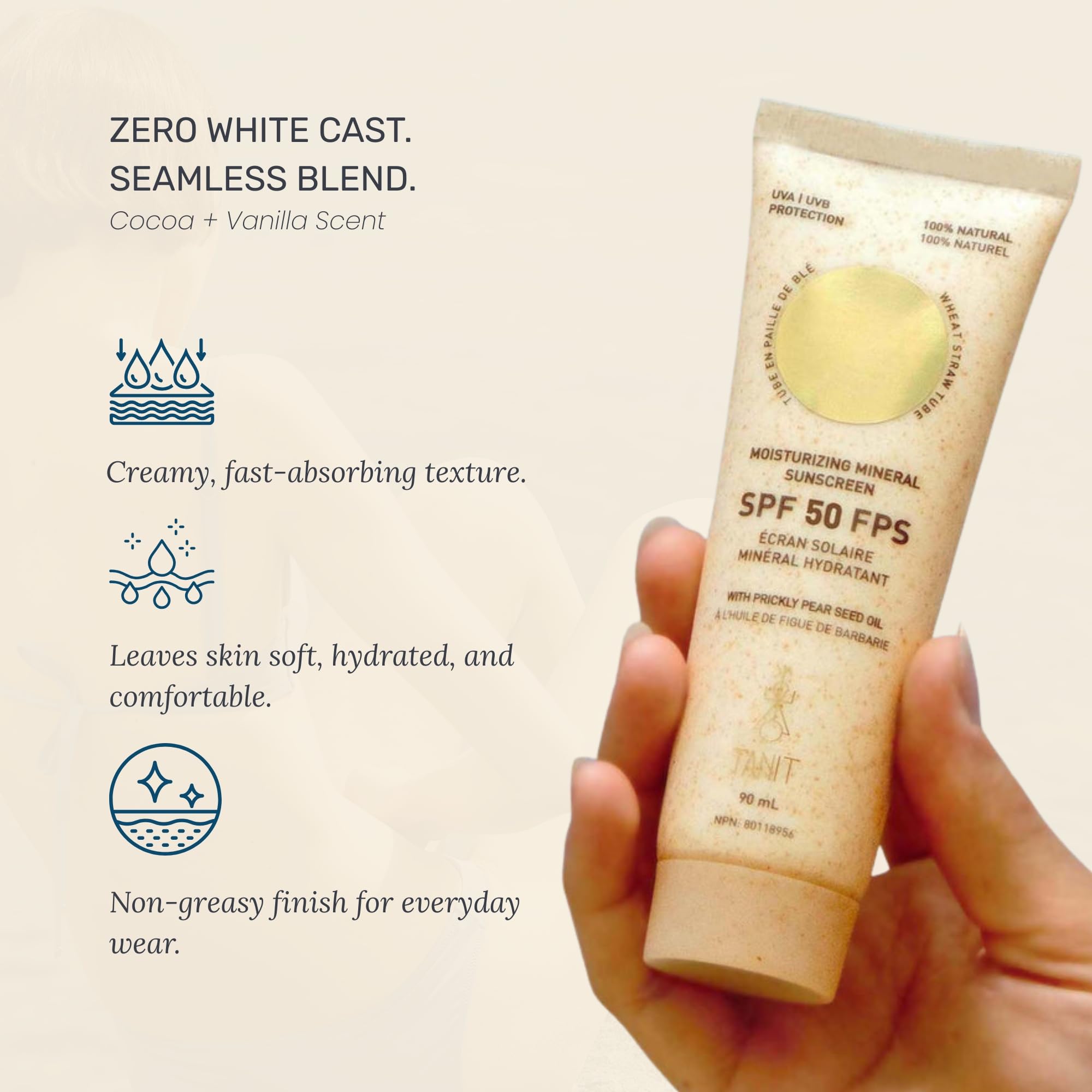 TANIT Moisturizing Mineral Sunscreen SPF 50, 90ml, Broad-Spectrum UVA/UVB Protection, Hydrating Non-Greasy Face & Body Cream with Prickly Pear Seed Oil, Coconut + Vanilla Scent, Vegan, Water-Resistant 🍁 All In One Marketplace Canada