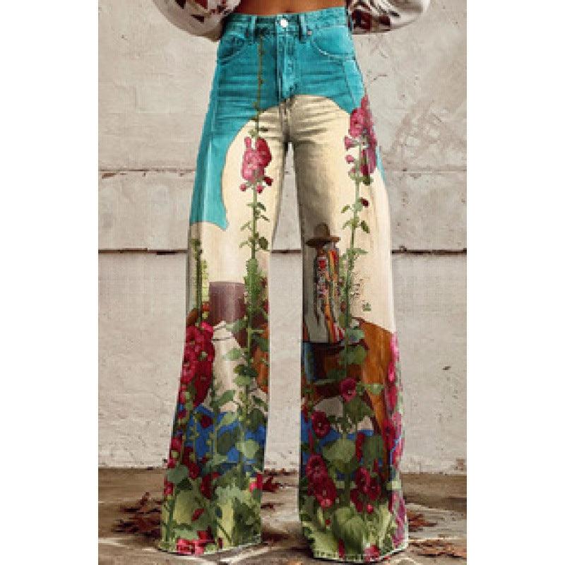 Graphic Printed Bell Bottom Pants for Women – 3D Print Flare Denim Trousers