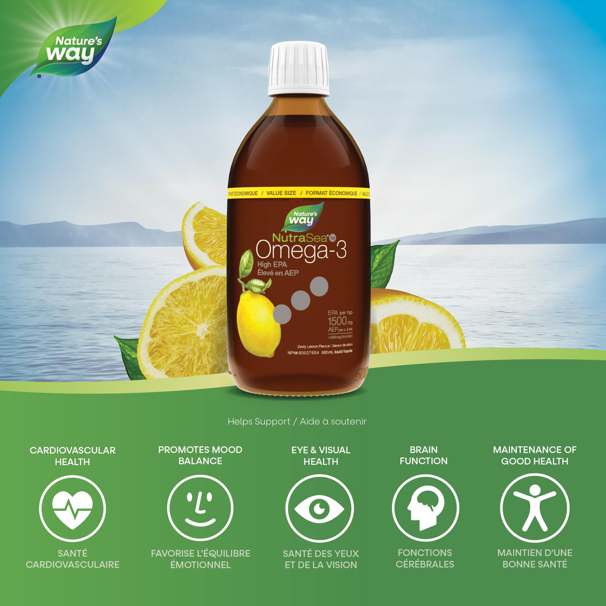 Nature's Way NutraSea HP Omega 3 High EPA Fish Oil Liquid Supplement for Adults and Kids Ages 1+ – Zesty Lemon Flavour – Heart & Brain Support – 1500mg EPA, 500 mL Value Size 🍁 All In One Marketplace Canada