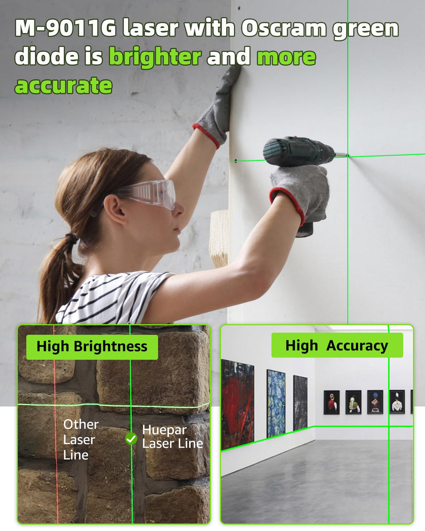 Huepar Laser Level Self Leveling, Classical Cross Line Indoor DIY Use Green Lines, 100Ft Visibility Horizontal and Vertical Line Level, 360° Magnetic Pivoting Base 9011G 🍁 All In One Marketplace Canada