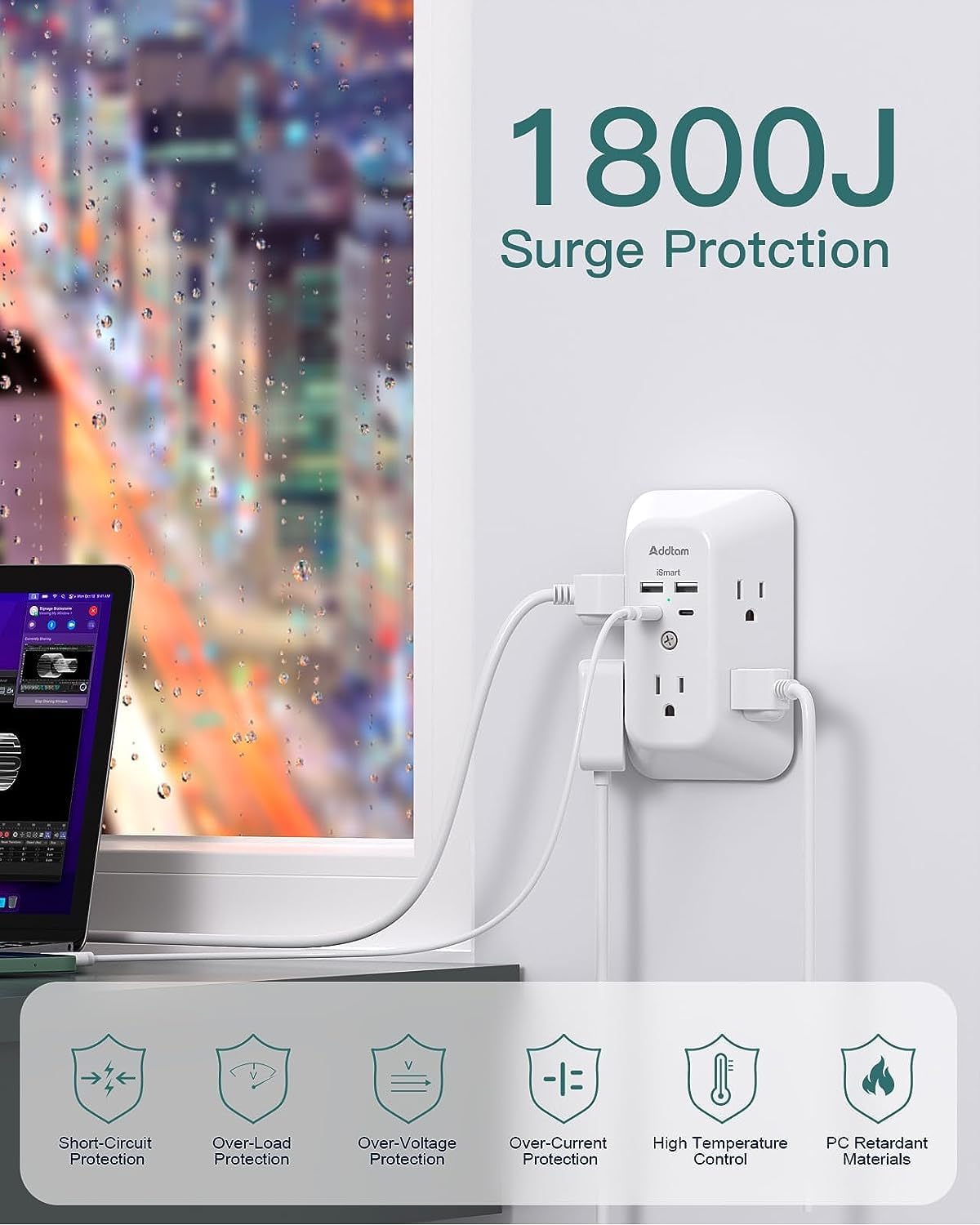 Power Bar, USB Wall Charger Surge Protector 5 Outlet Extender with 4 USB Charging Ports (2 USB C), Multi Plug Outlet, 3-Sided 1800J Power Strip Outlets Splitter Wall Plug Adapter for Home Office Dorm 🍁 All In One Marketplace Canada