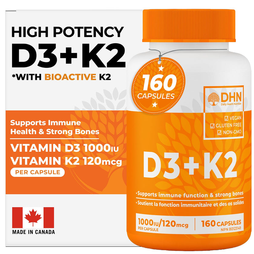 VITAMIN D3 K2 (MK-7) VEGAN | HIGH POTENCY•VALUE SIZE | Supports Prevention of Osteoporosis & Heart Calcification | Immune, Bone & Heart Health Supplement | Canadian Made Vitamin D3 Vitamin K2 🍁 All In One Marketplace Canada