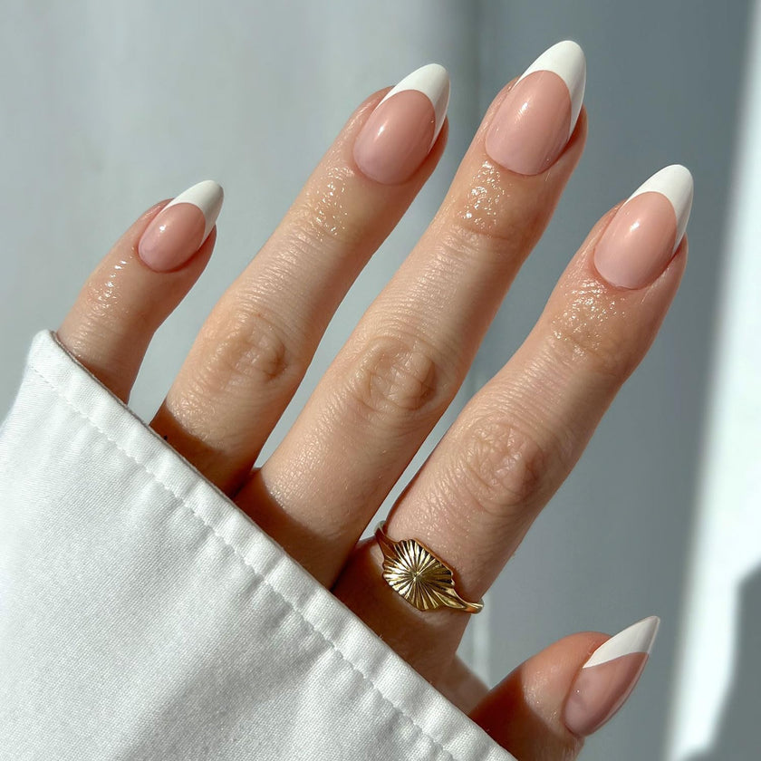 Glamnetic Press On Nails - Ma Damn | French Tip Nails, UV Finish Short Pointed Almond Shape, Reusable Semi-Transparent Nails in 12 Sizes - 24 Nail Kit with Glue 🍁 All In One Marketplace Canada