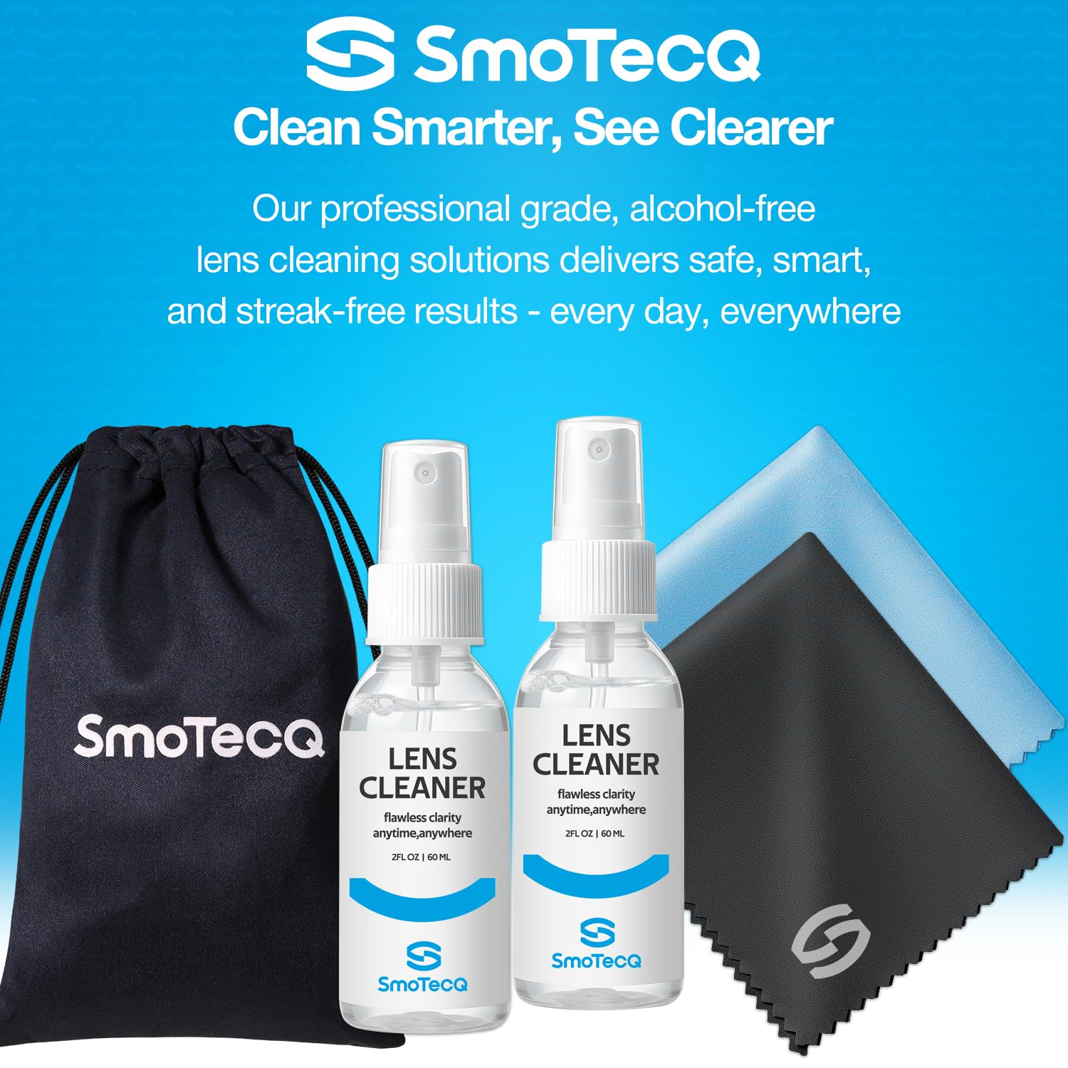 SmoTecQ Glasses Cleaner Kit – Alcohol-Free, Plant-Based Spray + Ultra-Soft Microfiber Cloths for Eyeglasses, Screens & Cameras – 2 x 2oz Spray Bottles + 2 Cloths + Travel Pouch Set 🍁 All In One Marketplace Canada