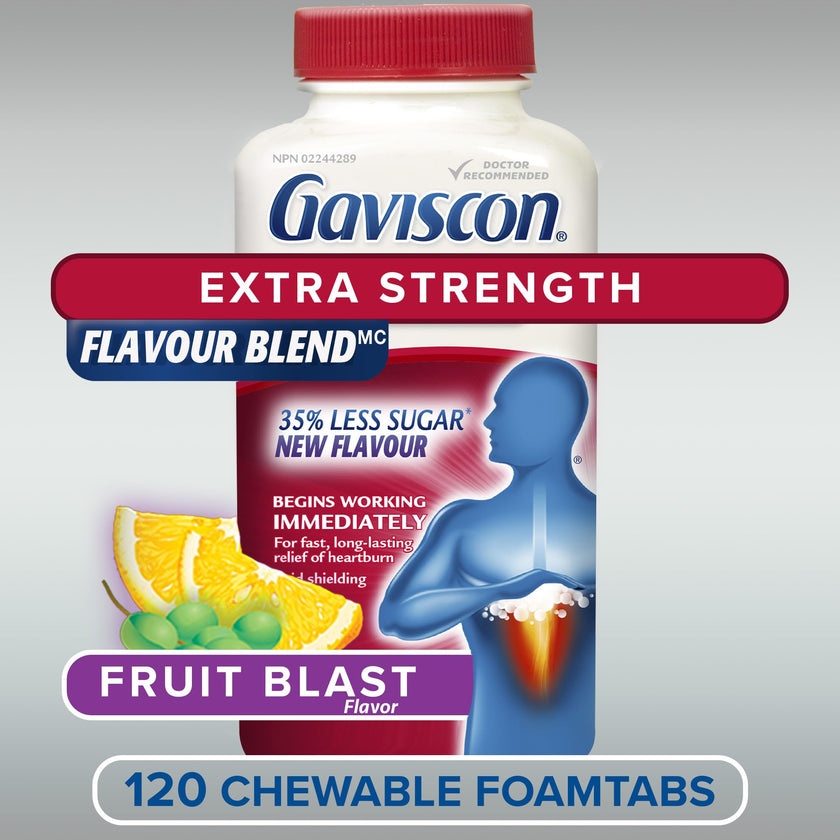 Gaviscon Extra Strength Flavour Burst Tablets - 120 Count - Chewable Foaming Antacid Tablets for Day and Night Heartburn Relief, Acid Reflux and GERD Relief, Fruit Blast - Free of Aluminum, Lactose and Gluten 🍁 All In One Marketplace Canada