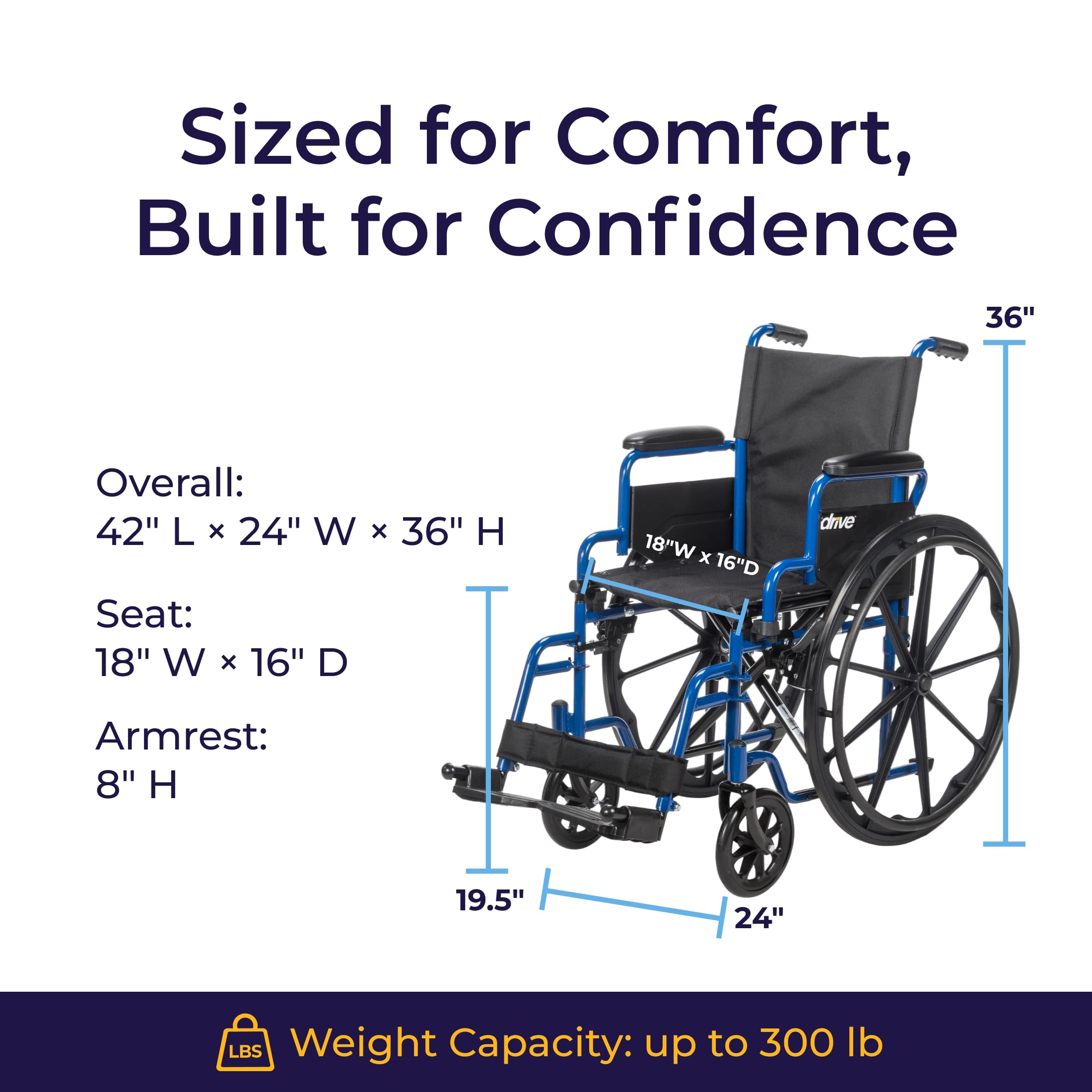 Drive Medical Single Axle Blue Streak Wheelchair, Flip Back Desk Arm, Swing Away Footrests, 18
