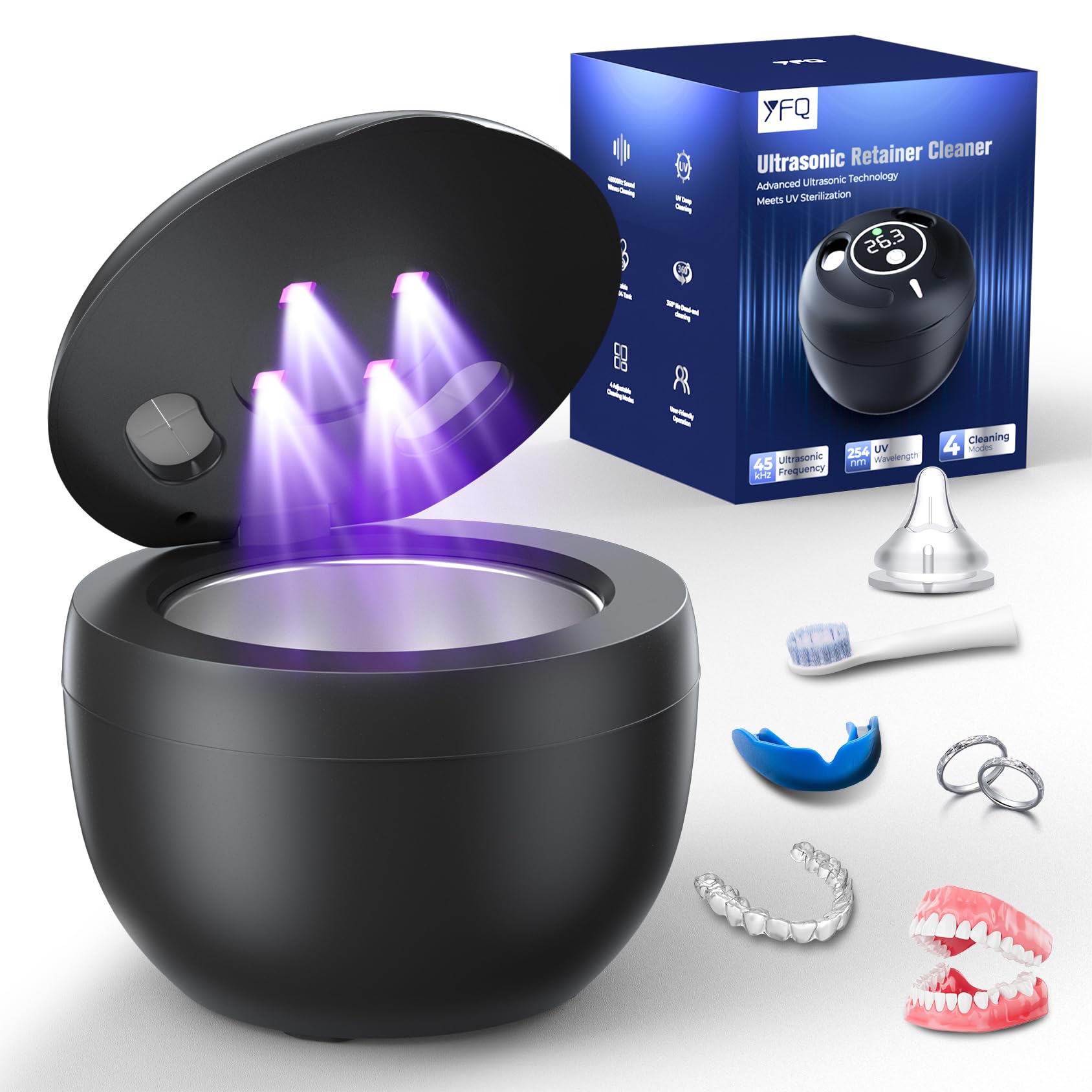 Ultrasonic Retainer Cleaner(2026 Upgraded), 45kHz Cleaning Machine for Dentures, Mouth Guards, Braces, Toothbrush & Jewelry, 200ML Denture Cleaner with 4 Modes for Denture Appliances 🍁 All In One Marketplace Canada