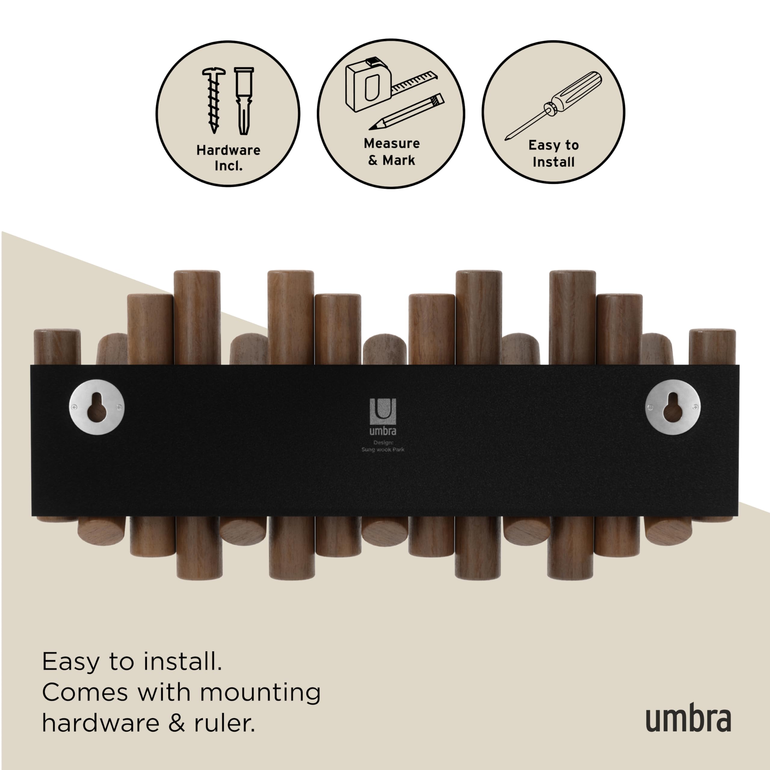 Umbra Picket Wall-Mounted Coat Rack Rail Hook with 5 Retractable Wood Pegs – Modern, Space-Saving Storage Organizer, Walnut 🍁 All In One Marketplace Canada
