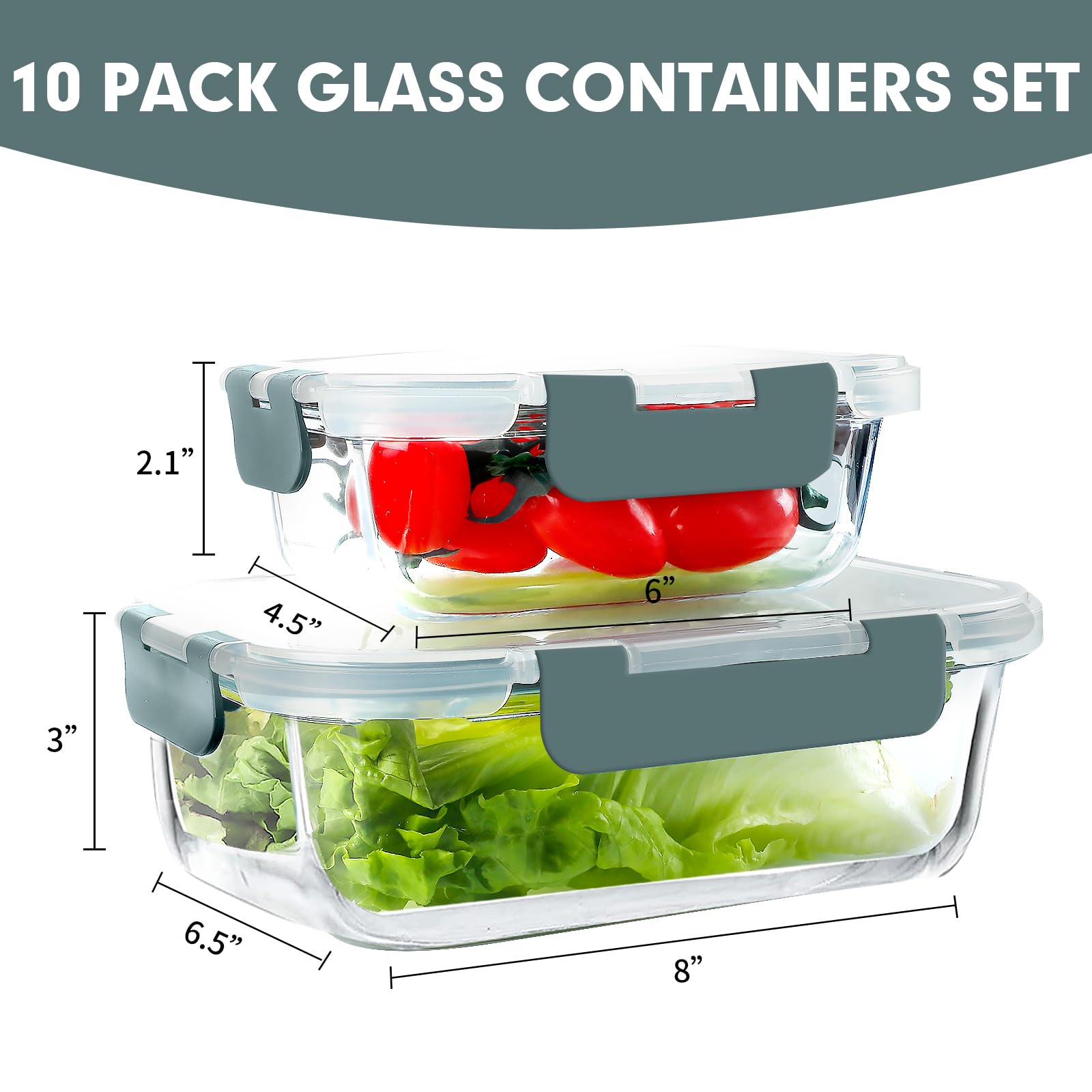 VERONES 10 Pack Glass Meal Prep Containers, Airtight & Stackable Glass Food Storage Containers Set with Lids,Exclusive of BPA,for Microwave, Oven, Freezer & Dishwasher,Grey 🍁 All In One Marketplace Canada