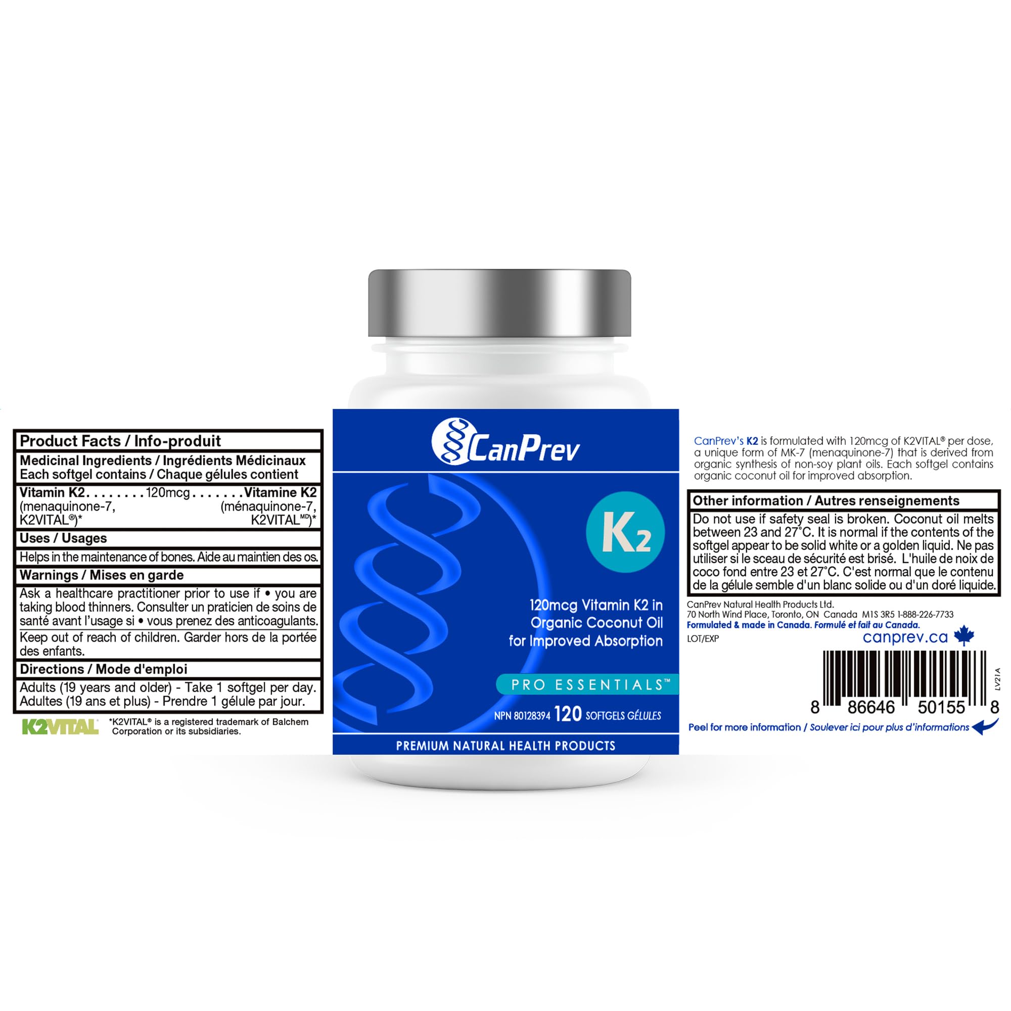 CanPrev K2 120mcg with Organic Coconut Oil, 120 Softgels 120-Day Supply, Pure MK-7 for Enhanced Absorption, Support for Stronger Bones and Healthy Teeth 🍁 All In One Marketplace Canada