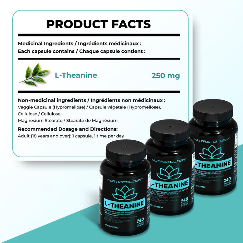 Nutratology® L-Theanine 250MG Capsules | Canadian-Made | For Stress Management | Promotes Relaxation & Calmness Without Drowsiness - L-Theanine Supplement for Stress Relief | 240 Capsules 🍁 All In One Marketplace Canada