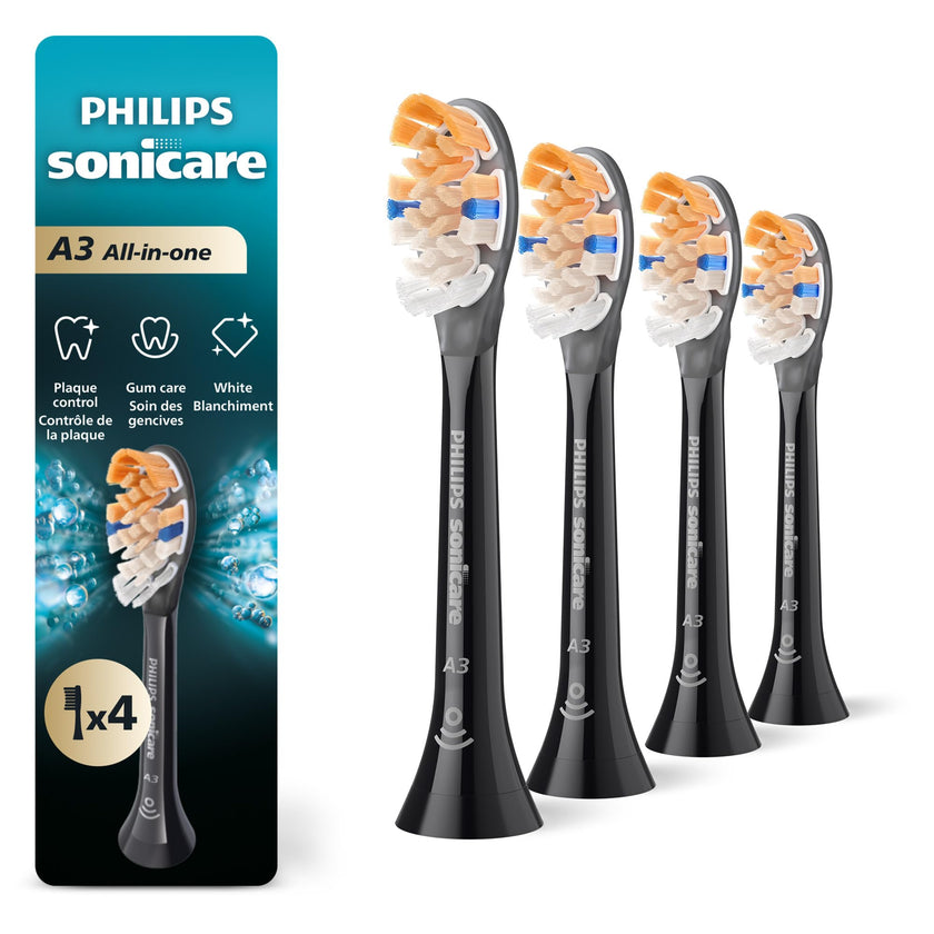Philips Sonicare A3 All-in-One Genuine Replacement Electric Toothbrush Heads, 4 Pack One Year Supply, For effective whitening, plaque removal and better gum health, Black, HX9094/95 🍁 All In One Marketplace Canada