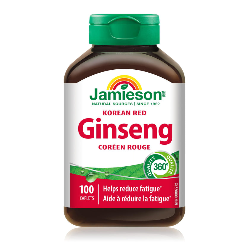 Jamieson Korean Red Ginseng, Panax Ginseng, 100 Caplets, Stress Support, Reduces Fatigue, Boosts Cognitive Health, Helps Enhance Physical Performance. Non-GMO, Proudly Canadian 🍁 All In One Marketplace Canada