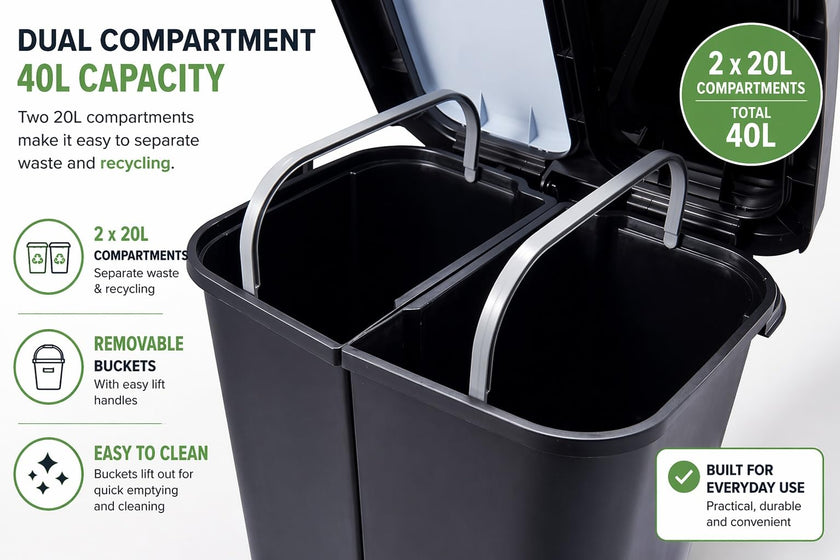 Step N’ Sort 40L Dual Compartment Recycling Bin – Slim Kitchen Waste & Recycling System (2 × 20L) 🍁 All In One Marketplace Canada