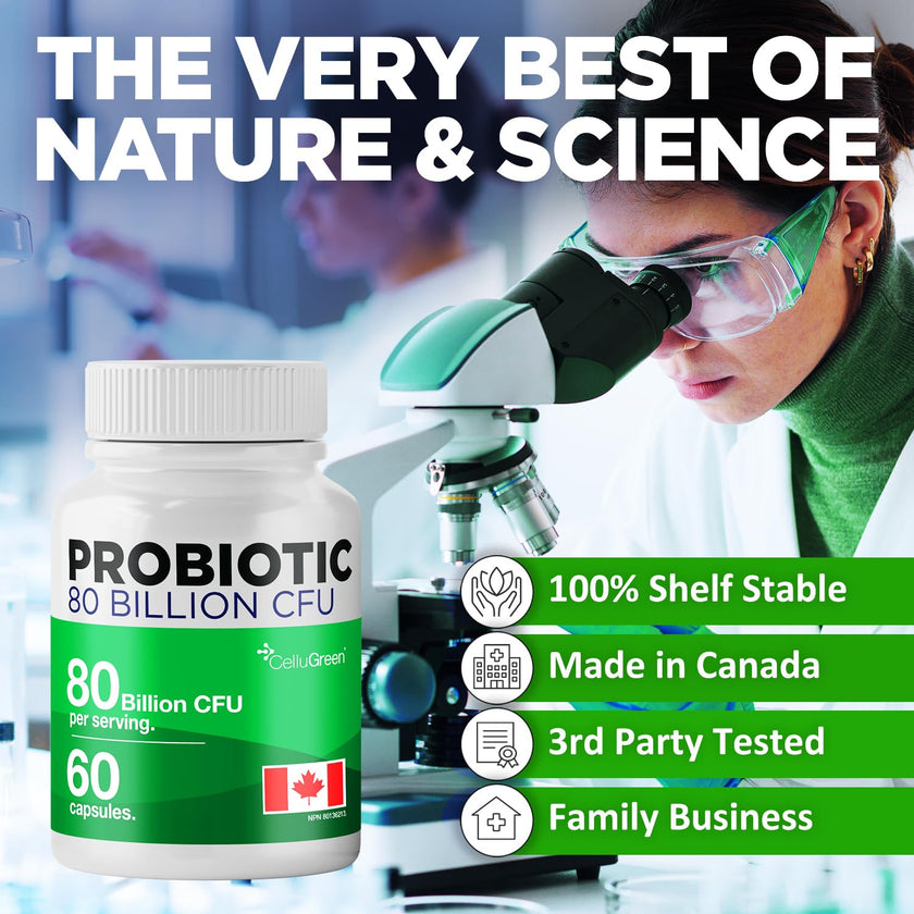 CelluGreen Probiotics 80 Billion CFU for Men & Women – 15 Strains – Digestive & Gut Health Support – Bloating & Gas Relief – Shelf Stable, Vegan, Non-GMO – 60 Capsules 🍁 All In One Marketplace Canada