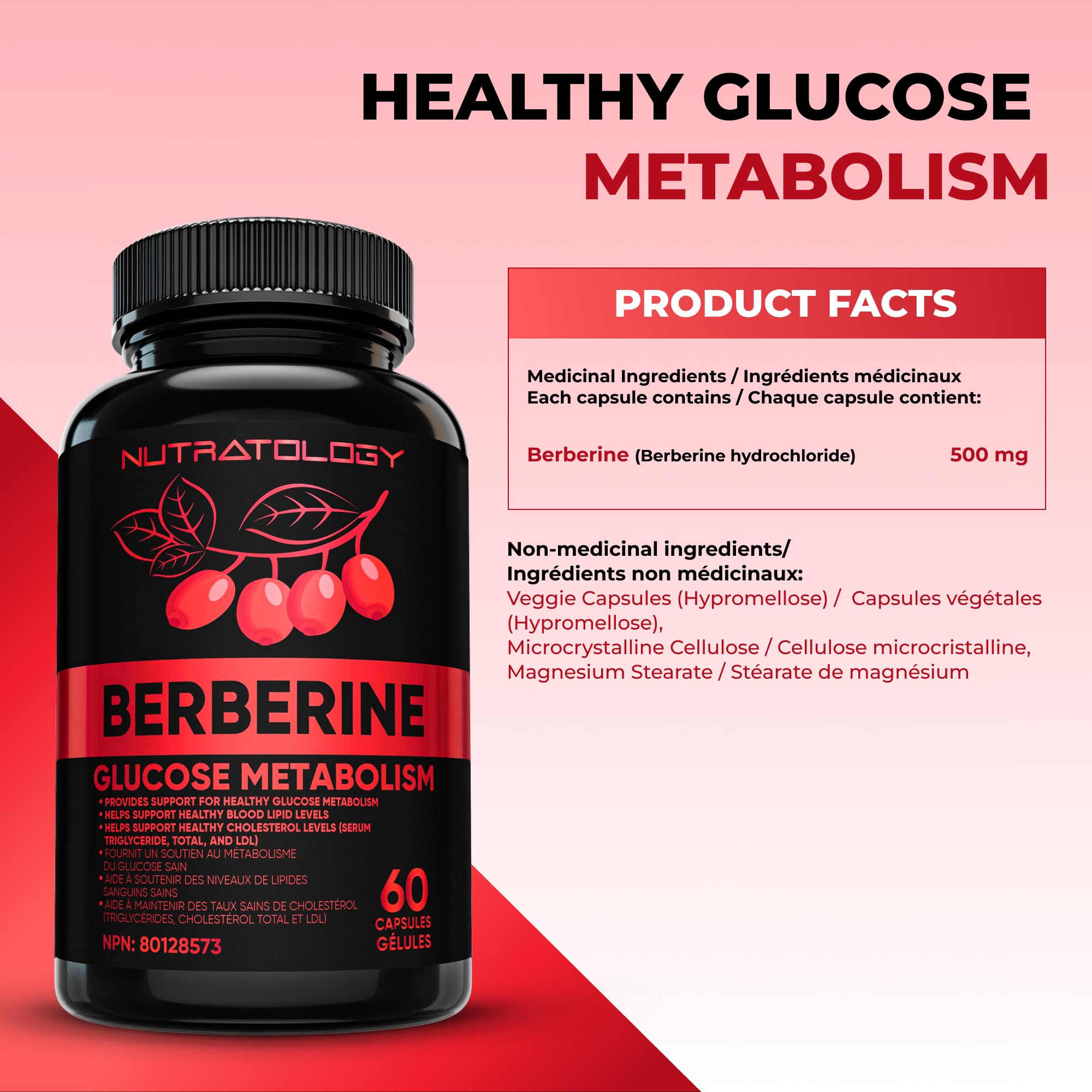 Nutratology® Berberine Supplement | Canadian-Made | Max Potency 500MG Per Capsule - Supports Glucose Metabolism & Healthy Blood Sugar Levels Through Efficient Metabolism Of Sugar & Fats - 60 Capsules 🍁 All In One Marketplace Canada