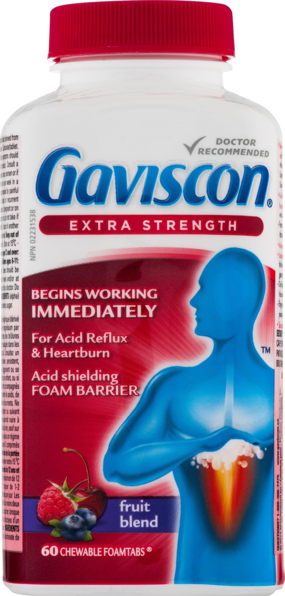 Gaviscon Extra Strength Tablets - 60 Count - Chewable Foaming Antacid Tablets for Day and Night Heartburn Relief, Acid Reflux and GERD Relief, Fruit Blend - Free of Aluminum, Lactose and Gluten 🍁 All In One Marketplace Canada