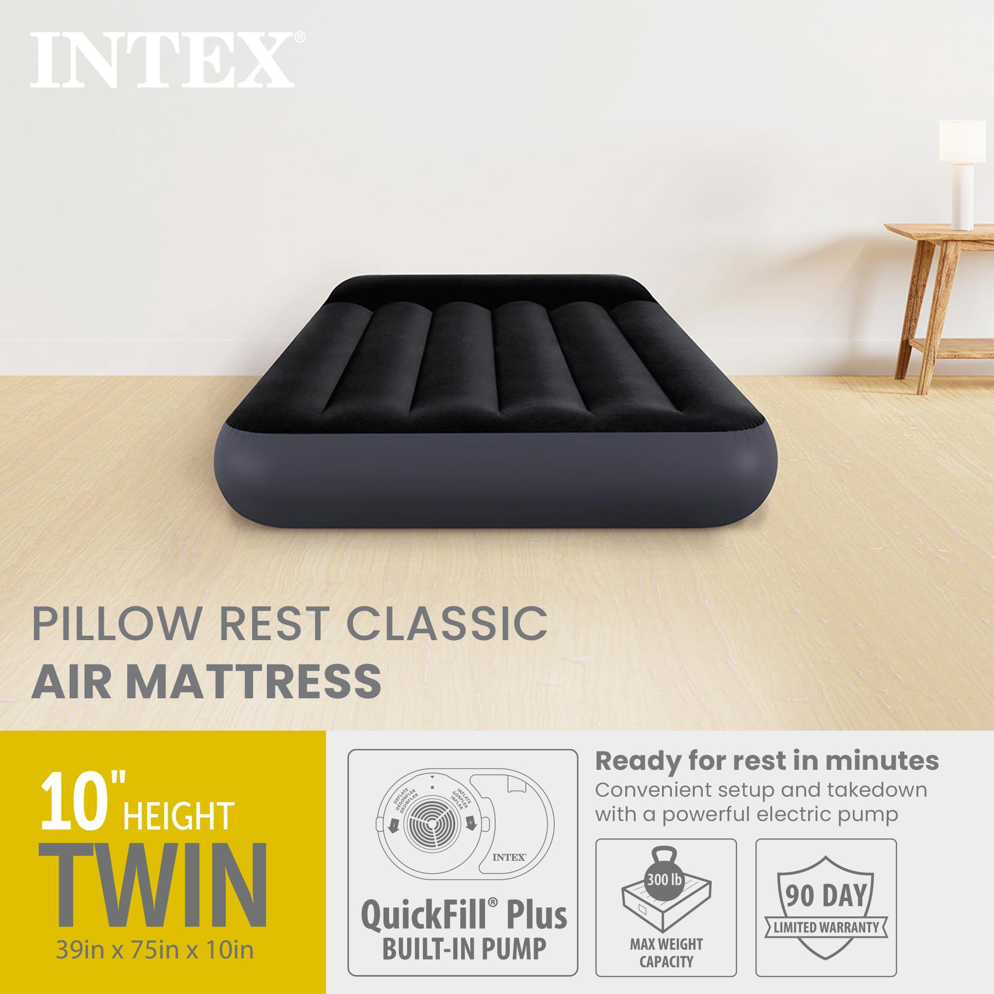 INTEX 64145ED Dura-Beam Standard Pillow Rest Air Mattress: Fiber-Tech – Twin Size – Built-in Electric Pump – 10in Bed Height – 300lb Weight Capacity 🍁 All In One Marketplace Canada