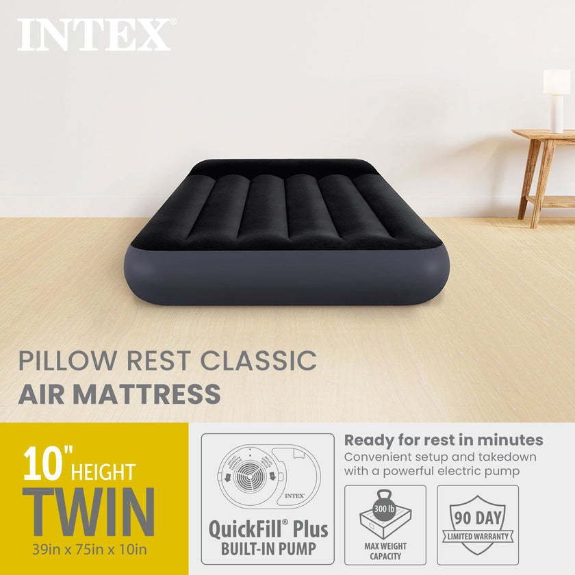 INTEX 64145ED Dura-Beam Standard Pillow Rest Air Mattress: Fiber-Tech – Twin Size – Built-in Electric Pump – 10in Bed Height – 300lb Weight Capacity 🍁 All In One Marketplace Canada