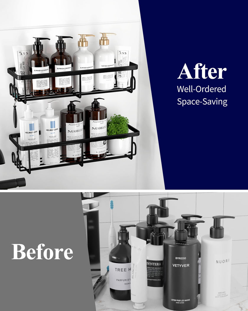 Kitsure Shower Caddy - 2 Pack Rustproof Stainless Steel Shower Organizer, No-Drill & Quick-Dry Shelves with Large Capacity, Durable Rack with 4 Hooks, Large, Black 🍁 All In One Marketplace Canada