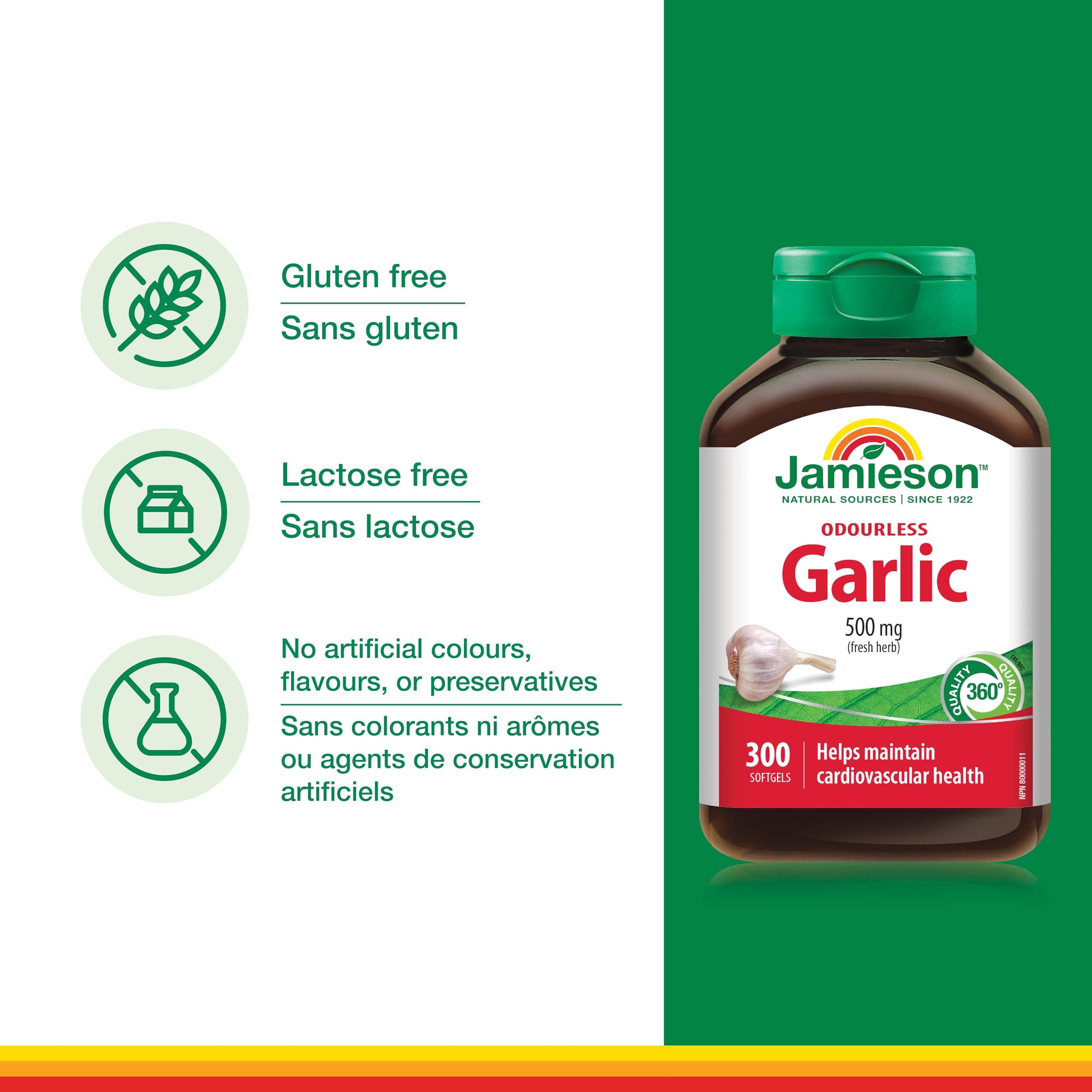 Jamieson Odourless Garlic 500 mg, Supports Heart Health, and Provides Immune Support. Non-GMO, Gluten-Free, 300 Softgels, Proudly Canadian 🍁 All In One Marketplace Canada