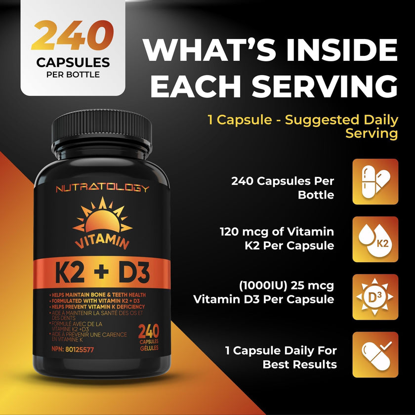 Nutratology® Vitamin K2 + D3 | Canadian-Made | Highest Potency 120MCG/1000 IU - 240 Capsules - Helps Maintain Bone & Teeth Health - Formulated With MK-7 For Best Results - Immune System Support. 🍁 All In One Marketplace Canada