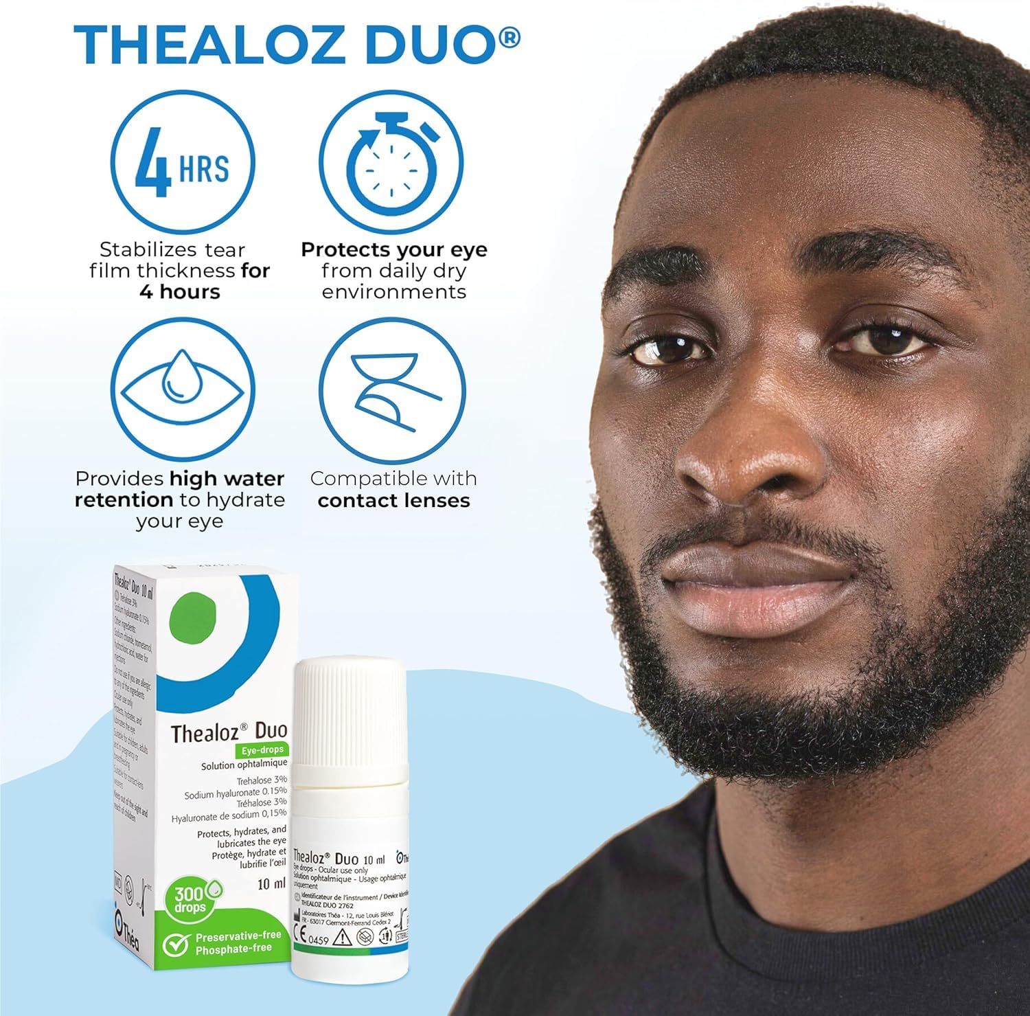 Thea Pharma Thealoz Duo Eye Drops, Clinically Proven for Dry Eyes, Hydration with Hyaluronic Acid & Trehalose, Tear Film Stabilization, Contact Lens Compatible - 10 ml (300 Drops) 🍁 All In One Marketplace Canada