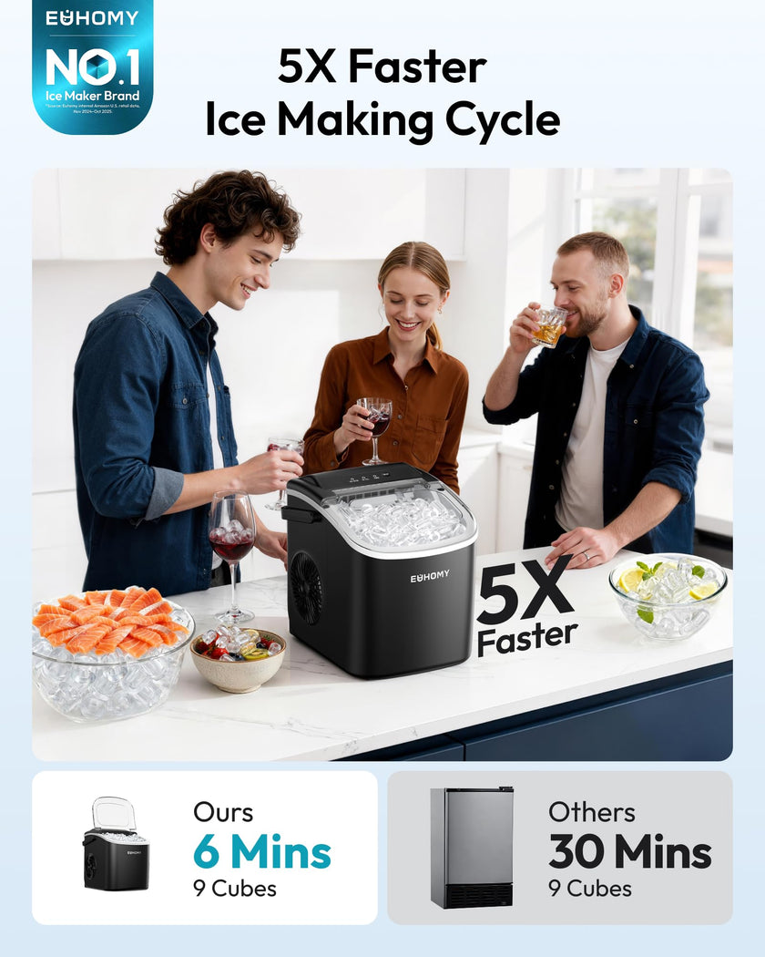 EUHOMY Countertop Ice Maker Machine with Handle, 26lbs in 24Hrs, 9 Ice Cubes Ready in 6 Mins, Auto-Cleaning Portable Ice Maker with Basket and Scoop, for Home/Kitchen/Camping/RV. (Black) 🍁 All In One Marketplace Canada