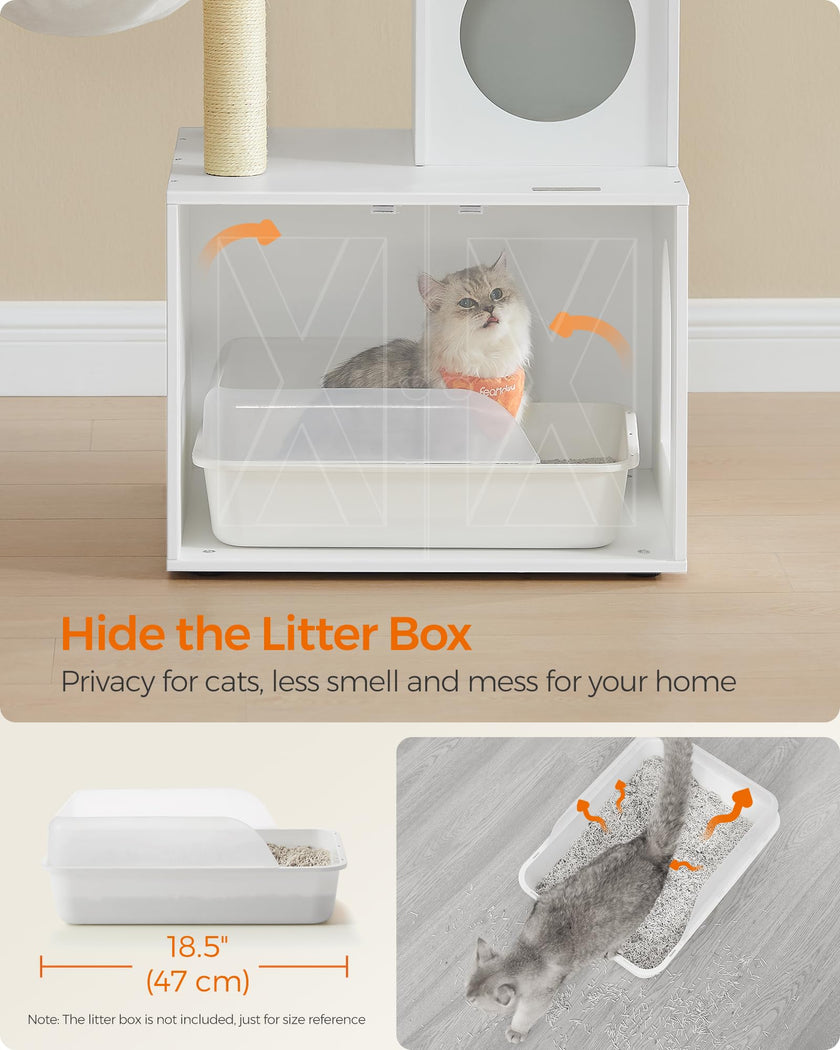 Feandrea WoodyWonders Cat Tree with Litter Box Furniture Hidden Enclosure, 2-in-1 Modern Tower, Cat Condo with Scratching Posts, Removable Pompom Sticks, Cloud White UPCT113W01 🍁 All In One Marketplace Canada